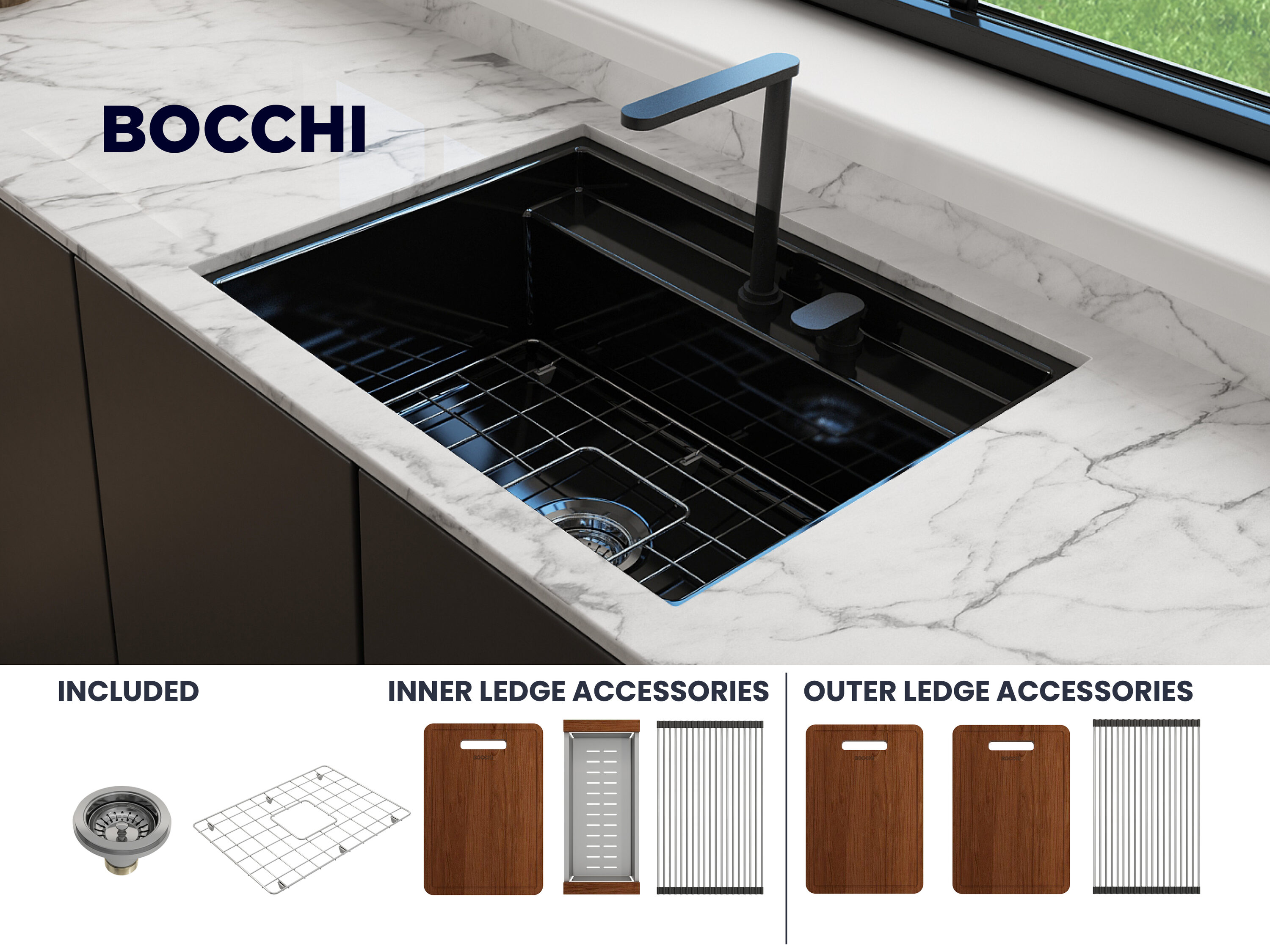 BOCCHI 1633-005-0132 Dual-mount 27-Inches x 22-Inches Fireclay Single bowl 2-Hole Workstation Kitchen Sink