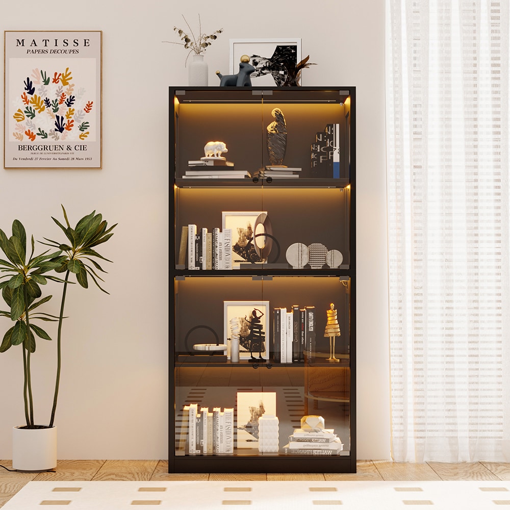 Homsee C-KF020541-01 Modern Black Glass Bookcase with 4 Doors and LED Light Strip – Tall Wooden Bookshelf with Tempered Glass Panels and Storage Shelves