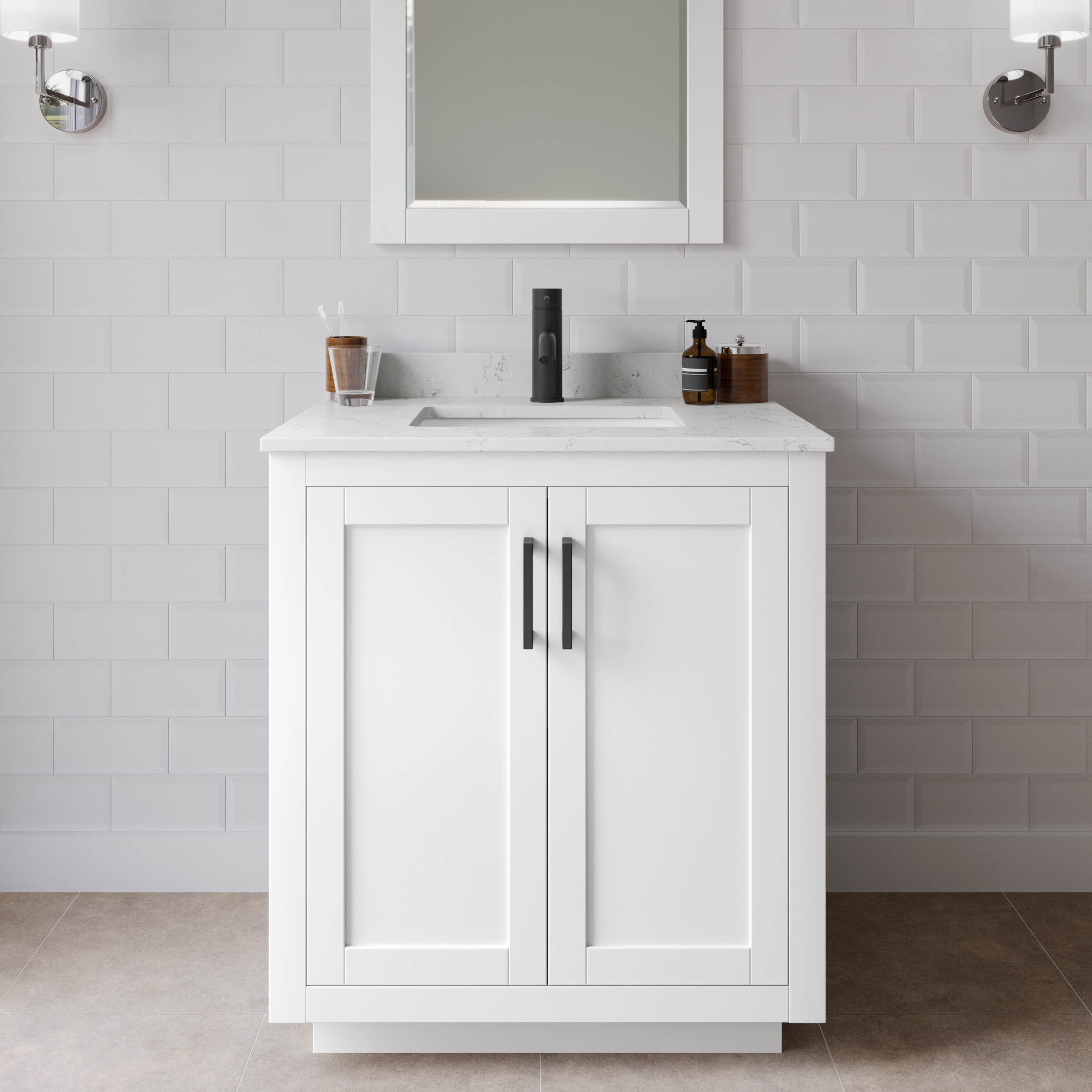 Wyndham Collection WCF292930SWBC2UNSMXX Miranda 30-in White with Matte Black Trim Undermount Single sink Bathroom Vanity with Carrara Cultured Marble Cultured marble Top
