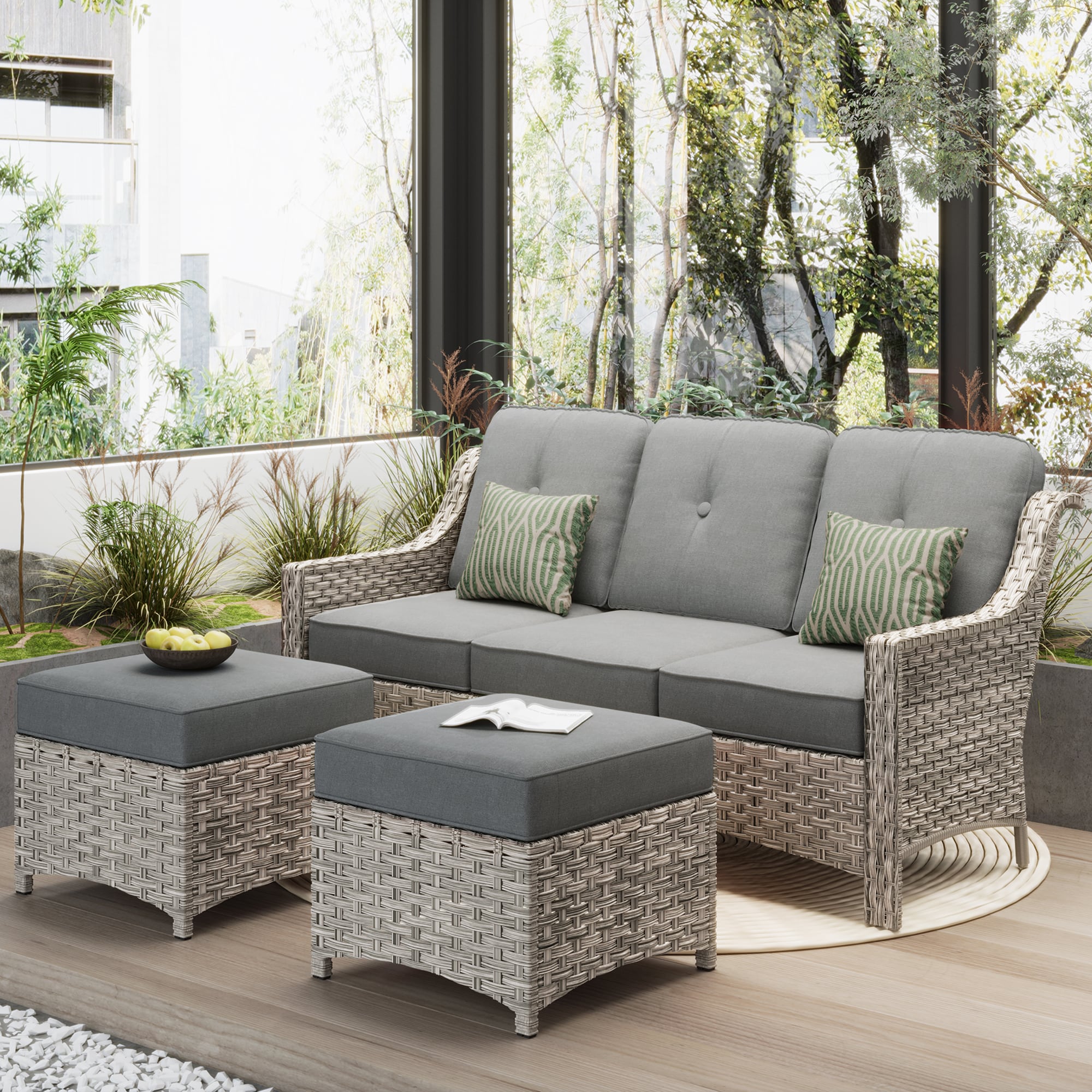 Ovios PD2021O 3 -Piece Wicker Patio Sofa Conversation Set with Gray Cushions