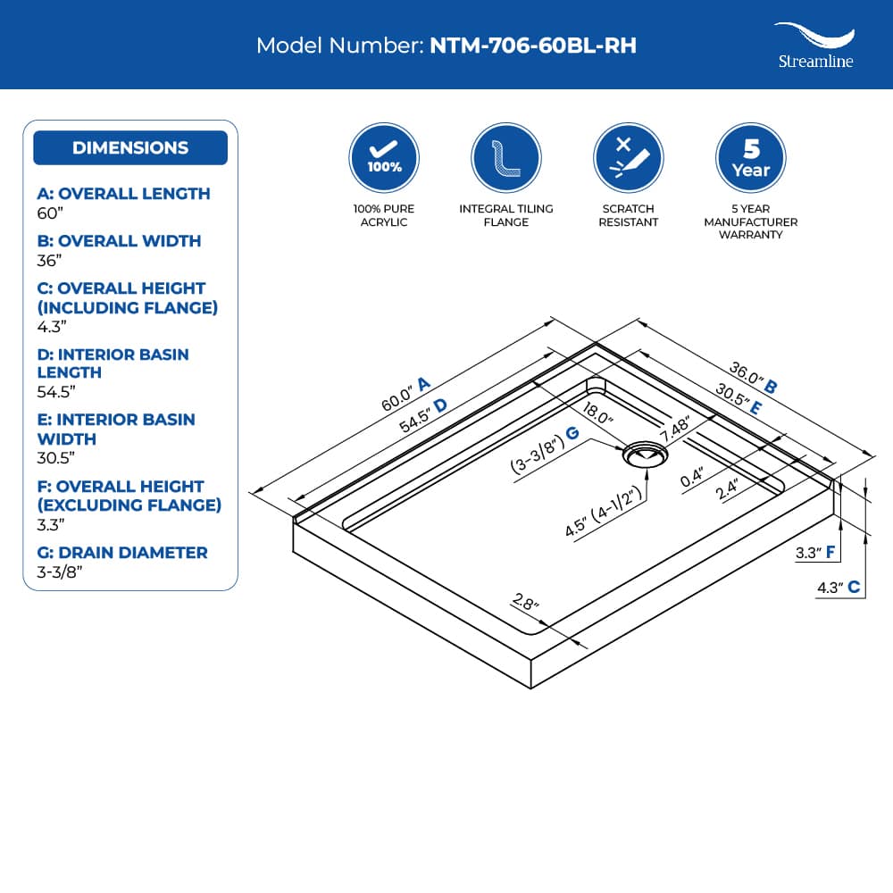 Streamline NTM-706-60BL-RH Shower-Floors - View #6