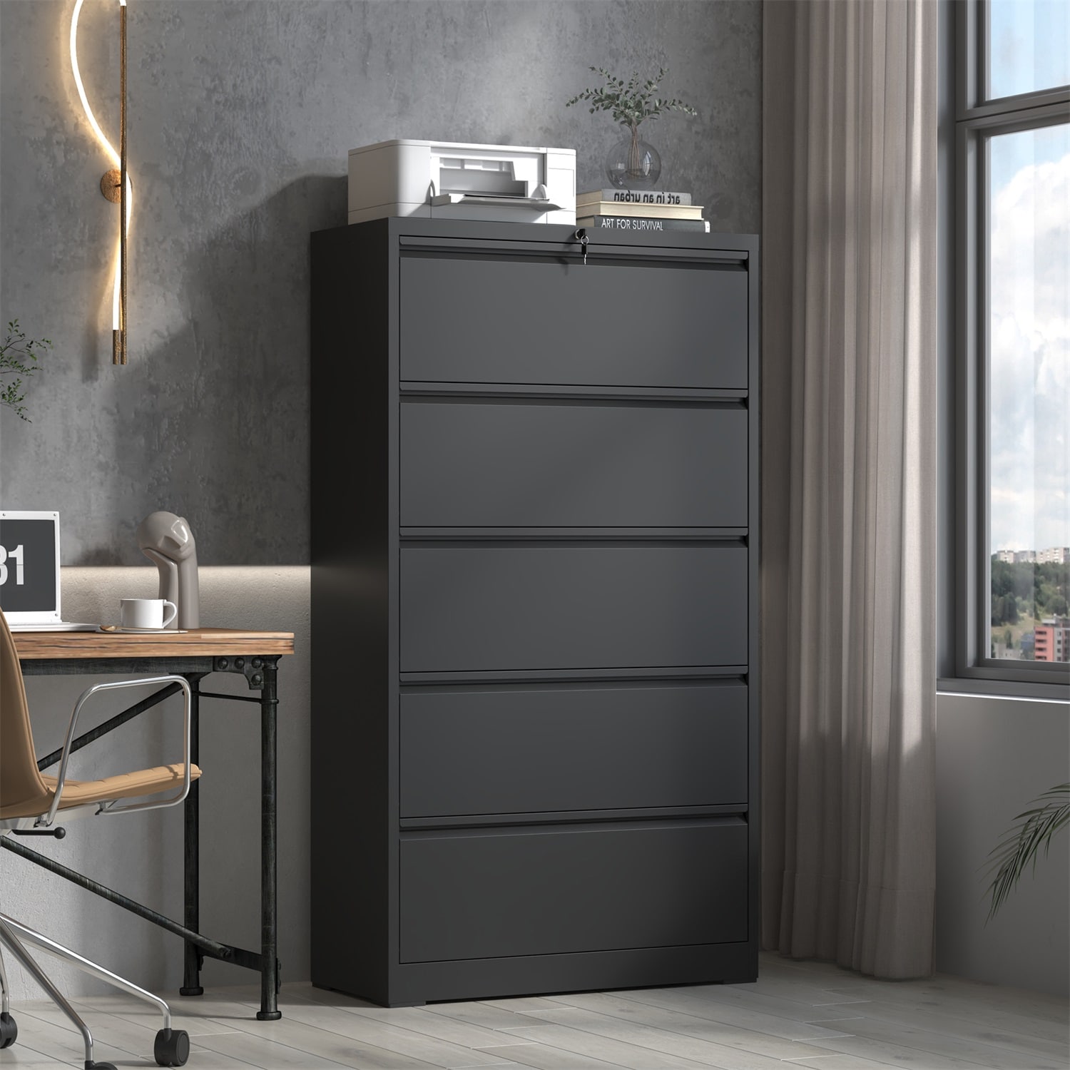 Dimakai 5 Drawer Metal Lateral File Cabinet Black Locking Filing ...