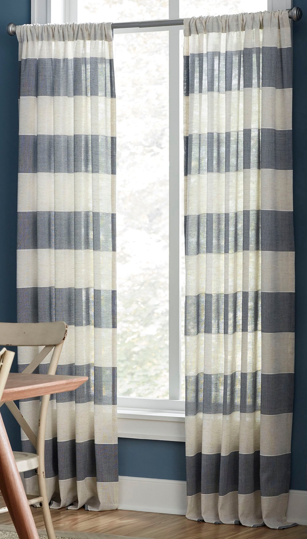 Allen and Roth 95 in. Single Rod Pocket Light-Filtering Curtain Panel in Navy Stripes