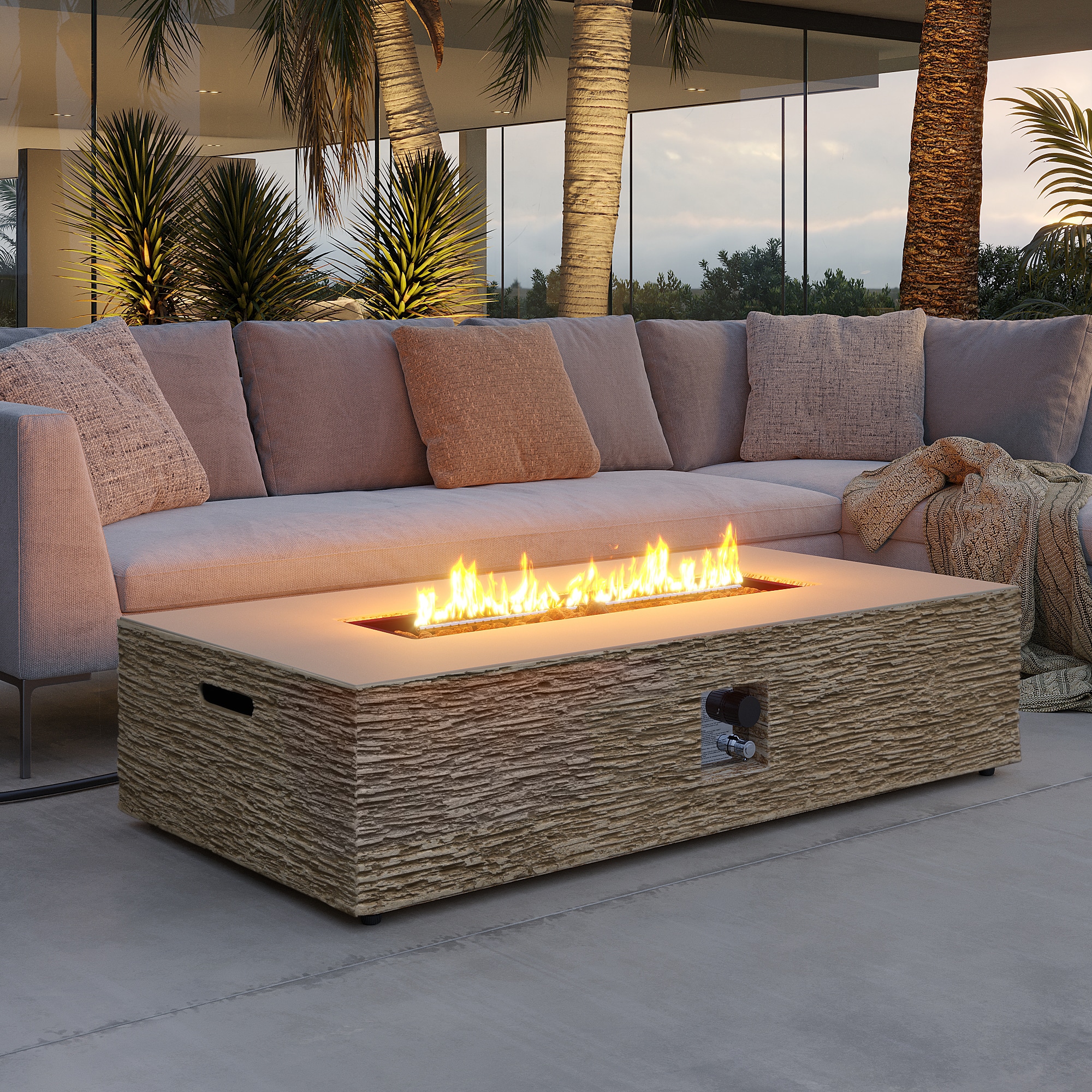 Patio Watcher LS-56MBE-HW 55.91-in W Beige Concrete Rectangle Liquid propane Fire pit table
