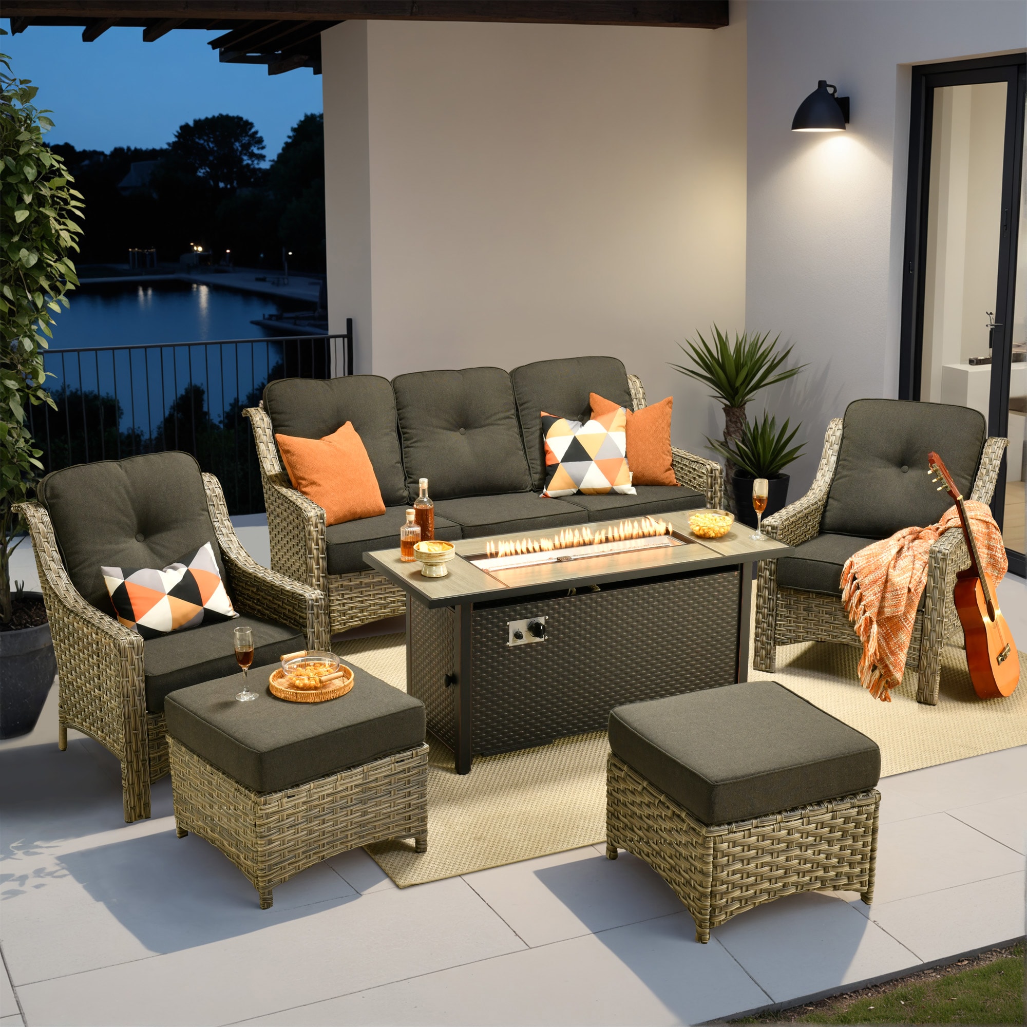 weaxty HMBCFP8503-PAD106 Aireno 6 -Piece Wicker Patio Sofa Conversation Set with Black Cushions