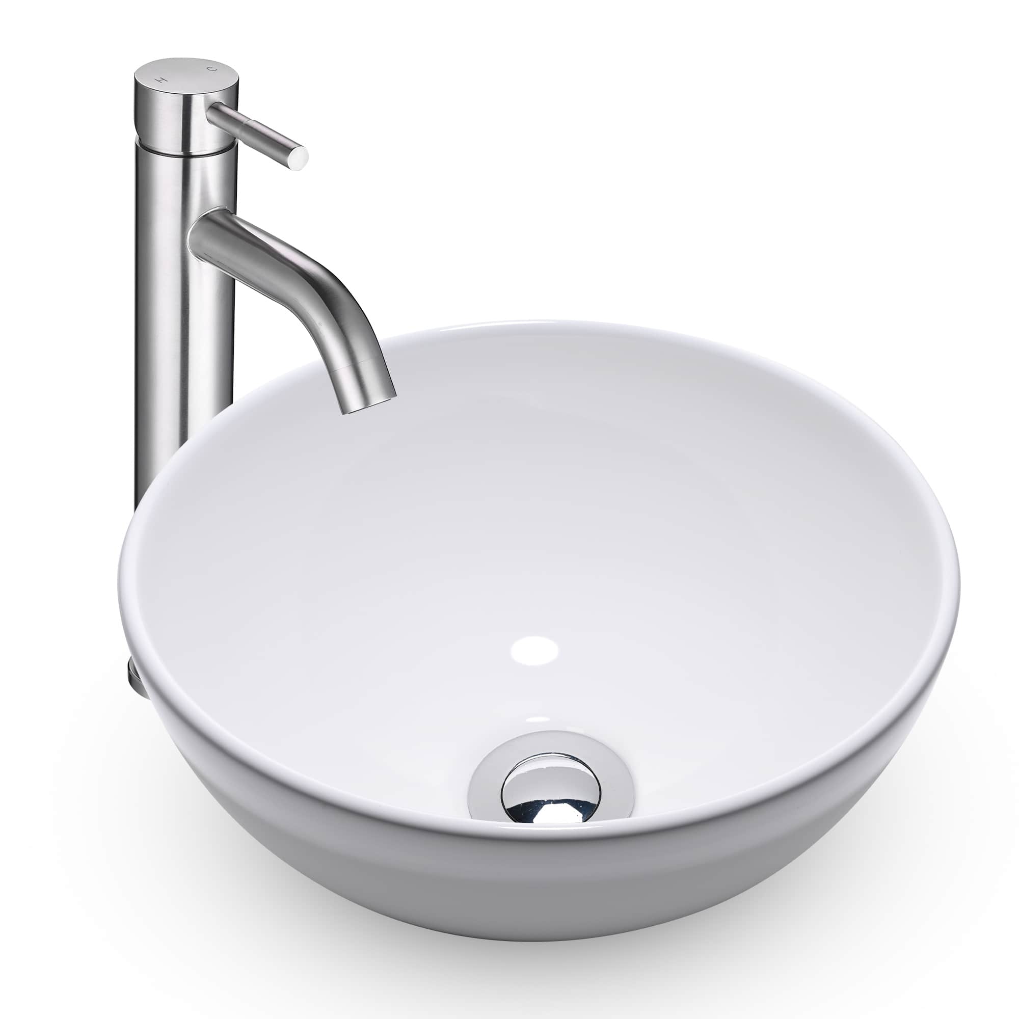 Yescom 80SET082-P018-BN-LO Round Porcelain Bathroom Vessel Sink with Single Handle Faucet Drain Combo
