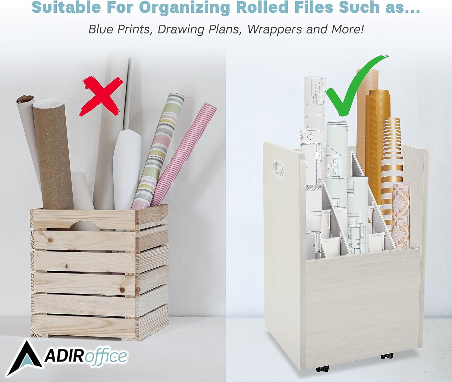 White Mobile Rolling Wood Blueprint Organizer with 20 Compartments