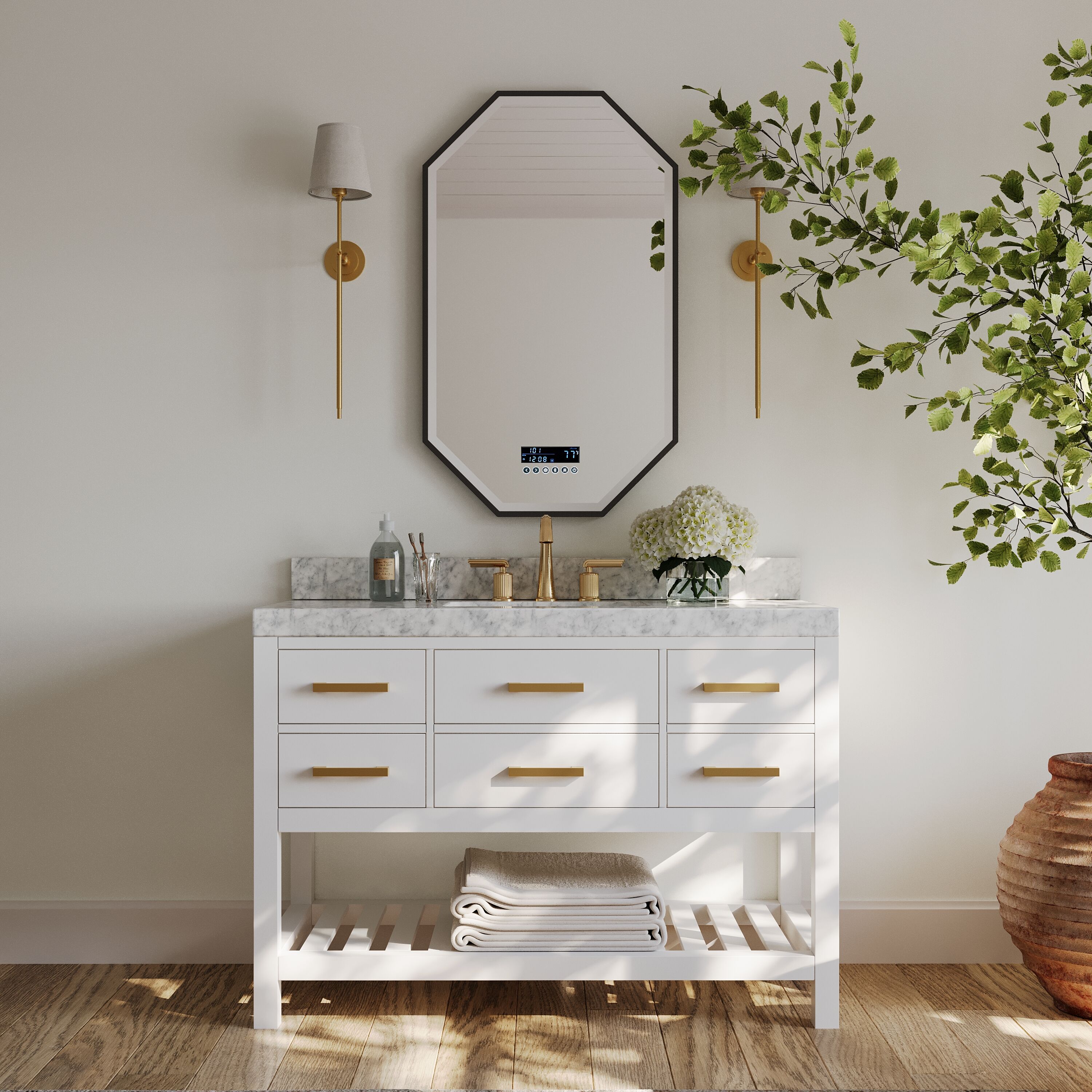 Ancerre Designs VTSELIZABETH48WCWGD Elizabeth 48-in White Undermount Single sink Bathroom Vanity with Carrara White Natural marble Top