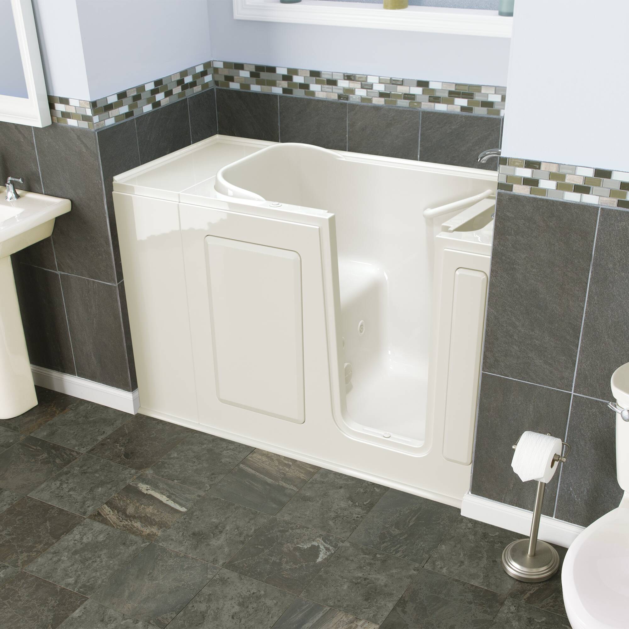 Safety Tubs SSA4828RJ-BC 28.0-Inches x 48.0-Inches Biscuit Fiberglass Rectangular Walk-in Whirlpool tub with Faucet Hand Shower Drain ( Left Drain )