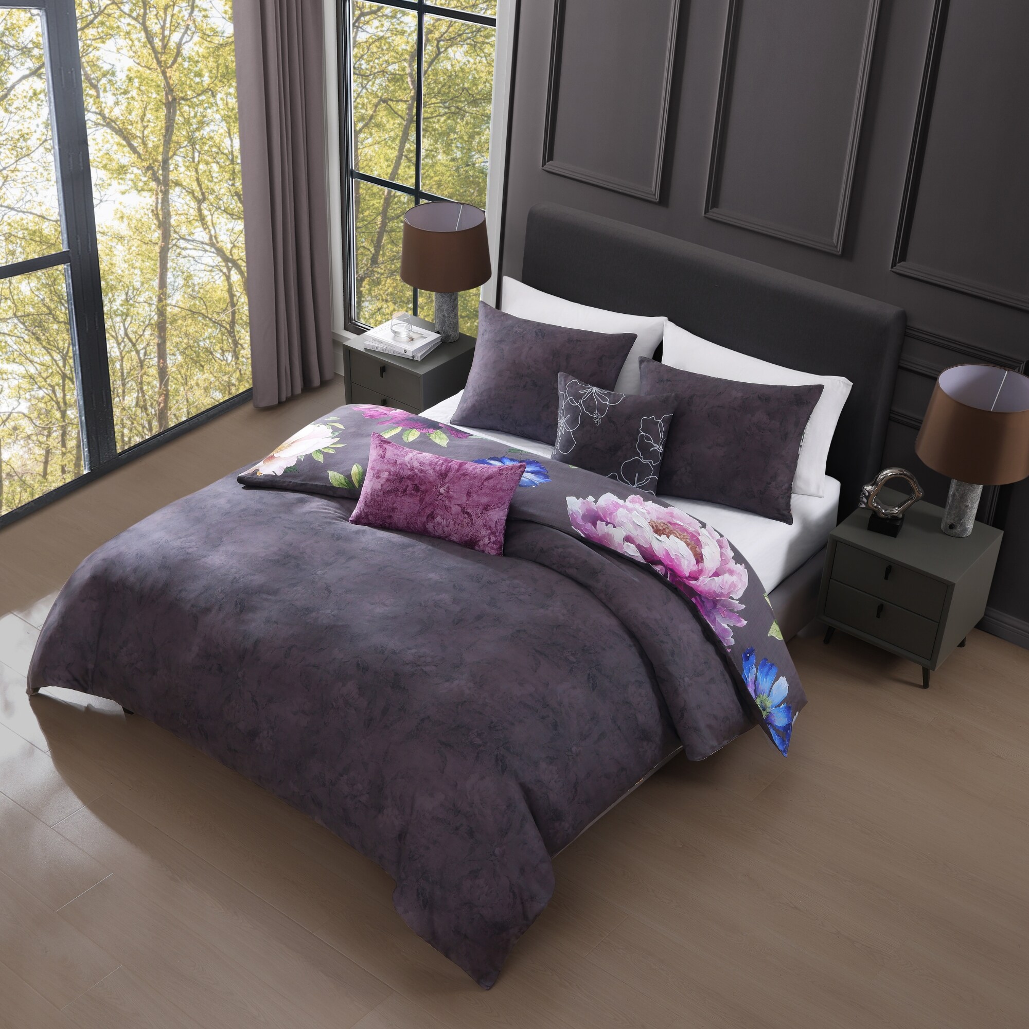 Elegant Blossoms Gray Cotton Queen Reversible Comforter Set