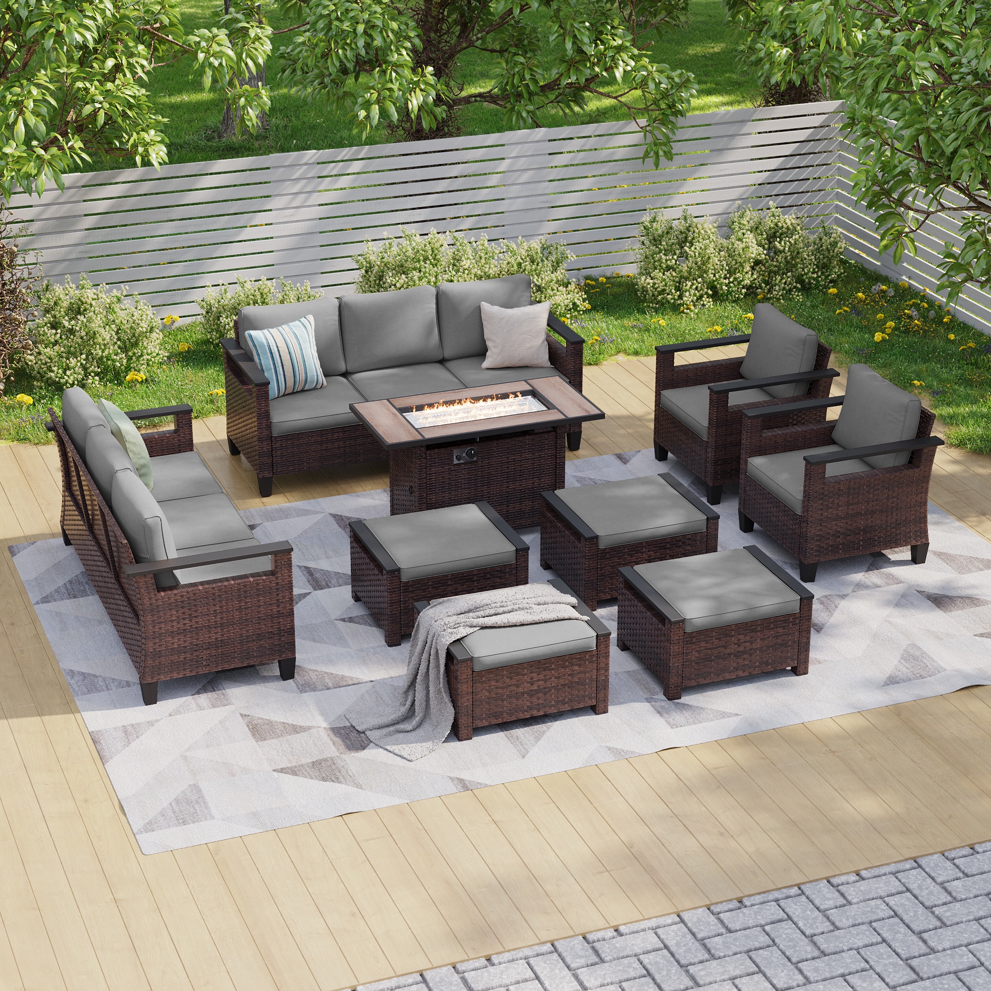 Sonkuki SD-PS-126BGY-S1T5 Patio Conversation Set 9 -Piece Wicker 2 Patio Sofa Conversation Set with Gray Cushions