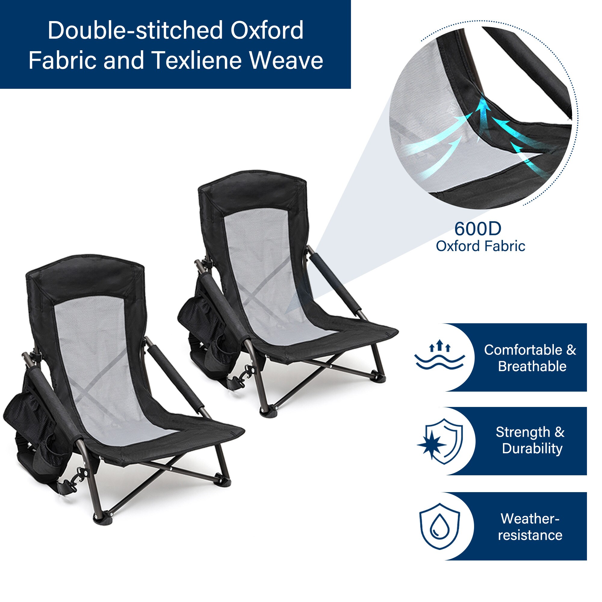 SunnyFeel Black Mesh Low Folding Camping Beach Chairs with Armrests, Set of 2