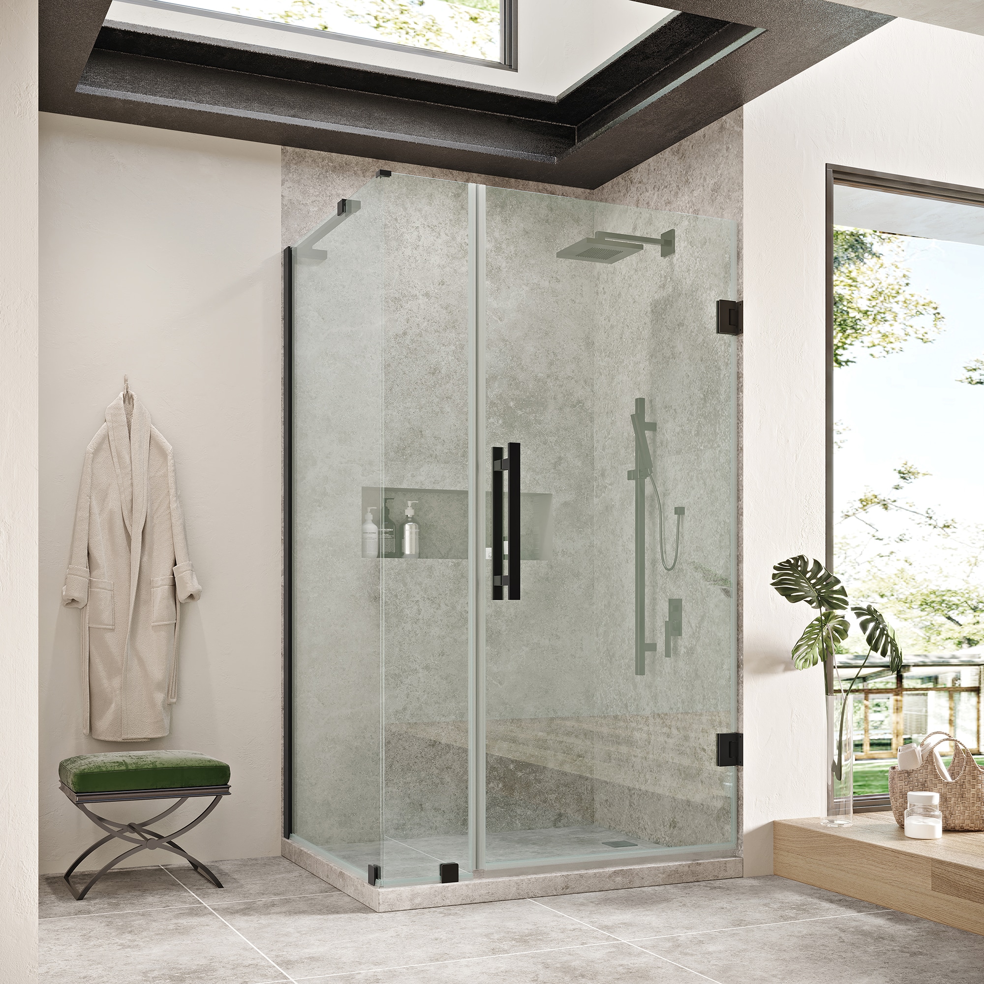 Tampa-Pro Black Frameless Corner Shower Kit with Clear Glass Panels