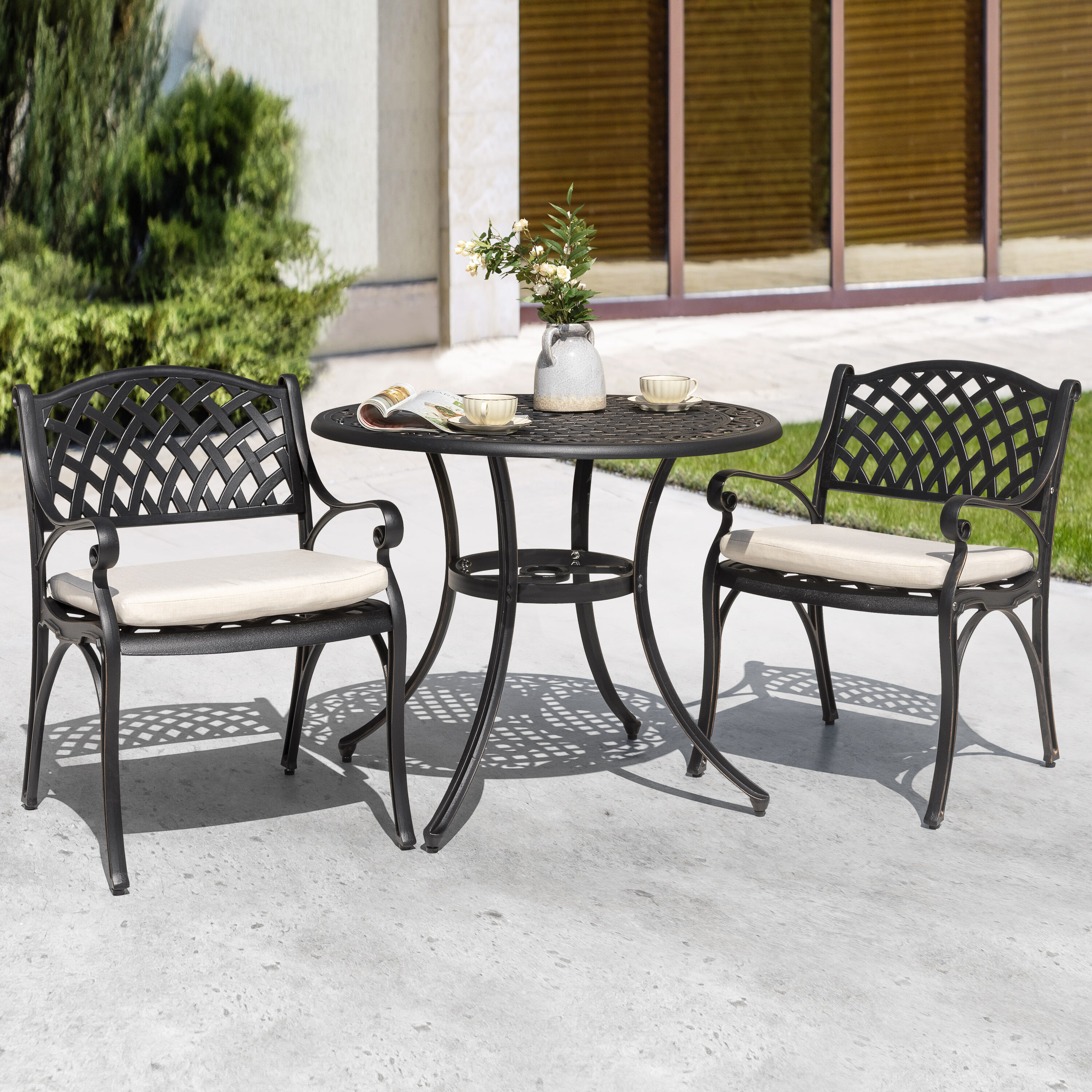 Nuu Garden 3-Piece Bronze Patio Dining Set Aluminum Round Table with 2 ...