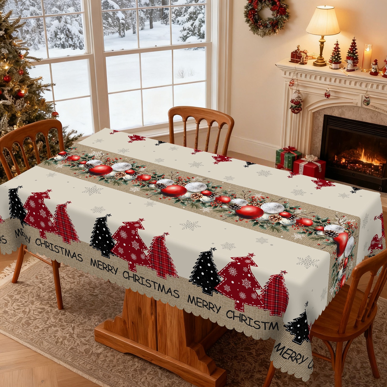 WISH TREE Beige 55x70 inch Christmas Tablecloth Machine Washable Table Cloths with Christmas trees Santa and festive winter scenery Decorative Table Cover for Dining Room Kitchen Holiday Parties and Christmas Decor