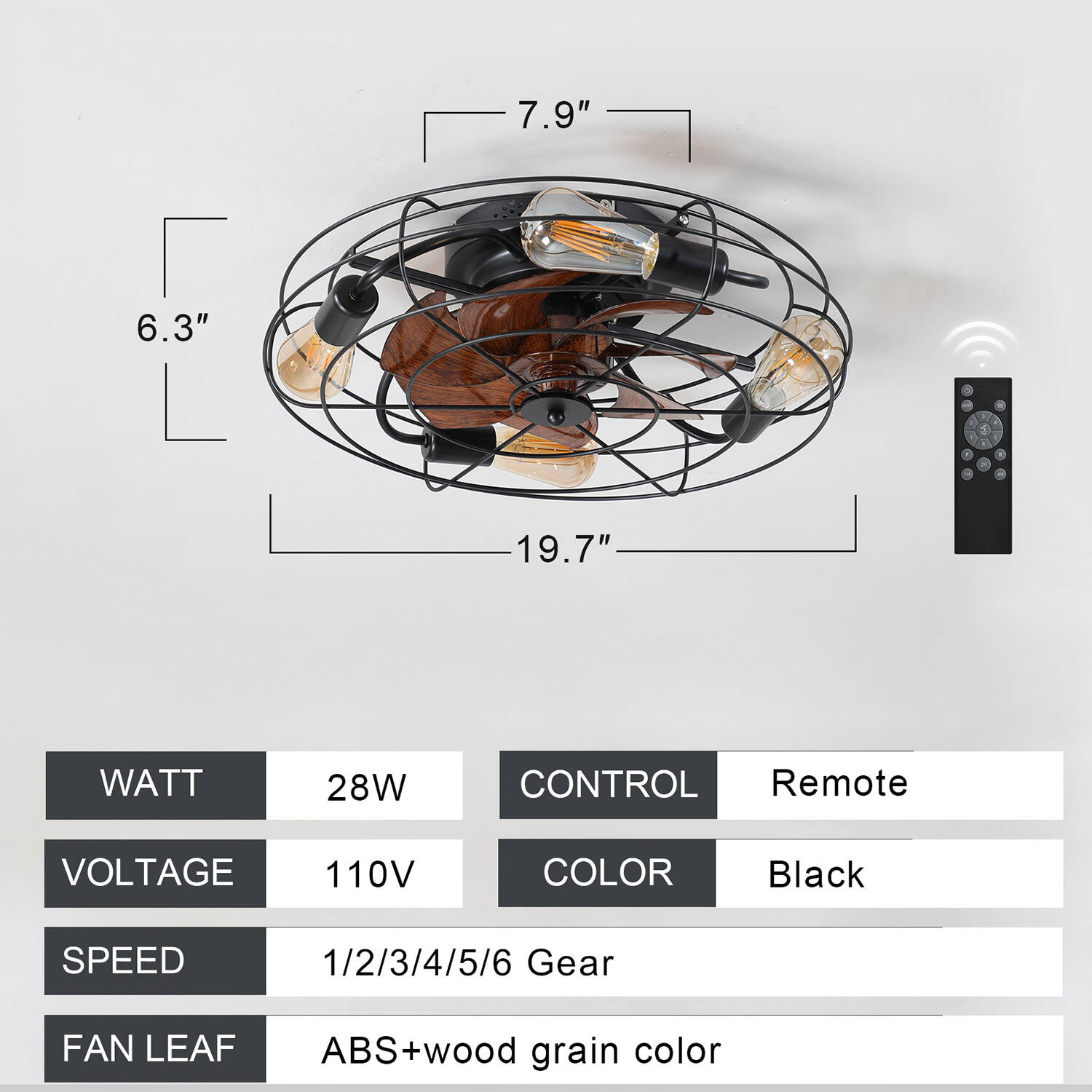 SINOFURN 20-in Black Indoor Flush Mount Cage Ceiling Fan and 