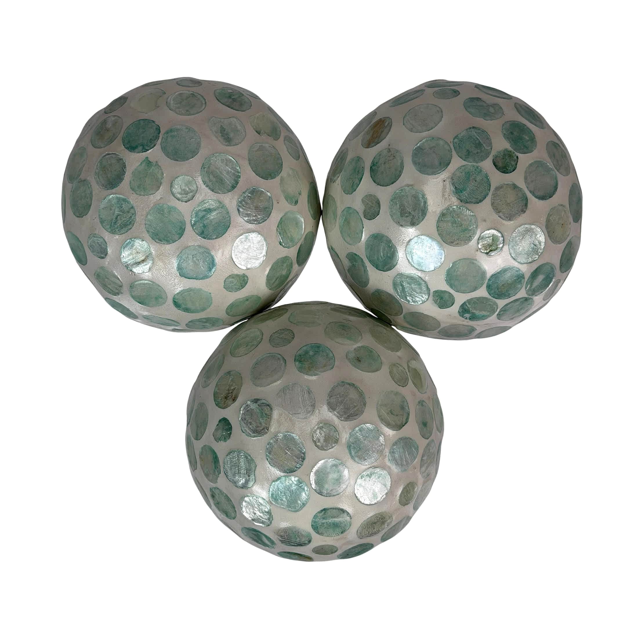 Zeckos  Set of 3 Aqua Capiz Shell Decorative Balls - 4-in Glossy Coastal Orbs for Bowl Filler - Table Shelf Mantel Centerpiece
