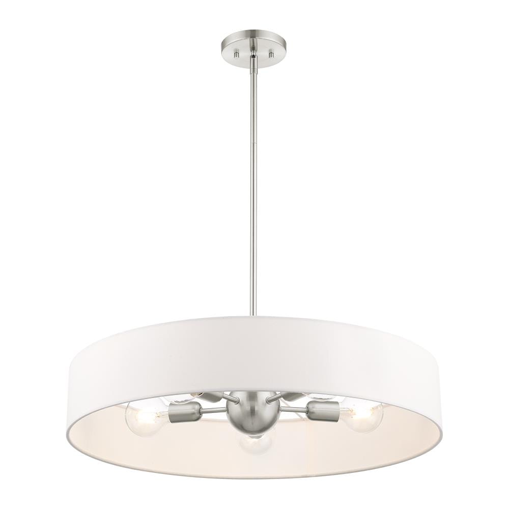 Elegant Brushed Nickel 5-Light Drum Pendant with Crystal Accents and Off-White Shade