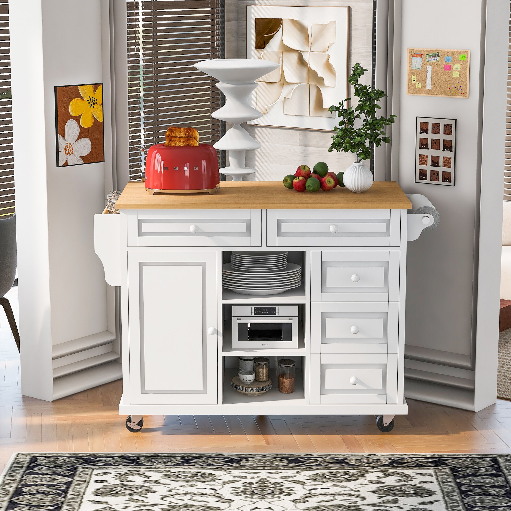 Runesay White Mdf Base with Mdf Wood Top Rolling Kitchen Island (18.1-in x 52.8-in x 36.2-in)