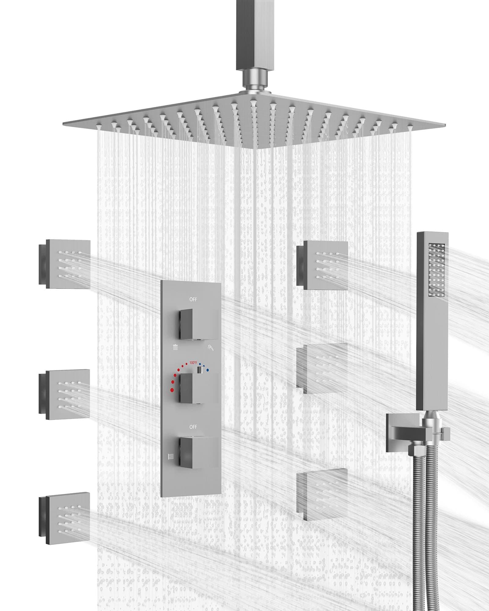 EVERSTEIN SFS1004-NK12 5-Spray Patterns 12 in. Ceiling Mount Rainfall Shower Faucet with 6-Jet in Brushed Nickel (Valve Included)