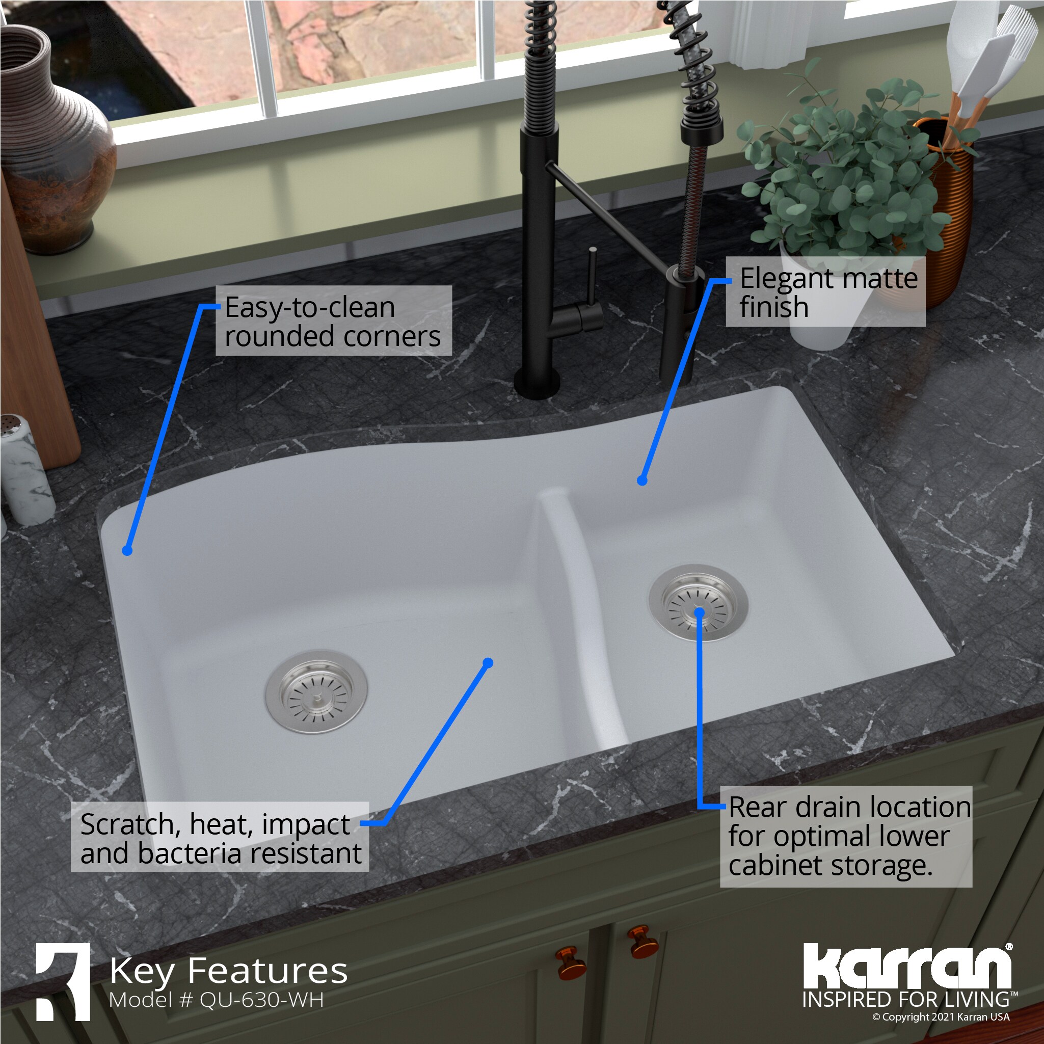 Karran 32 Undermount Quartz Composite Kitchen Sink, 60/40 Double Bowl, White, QU-630-WH