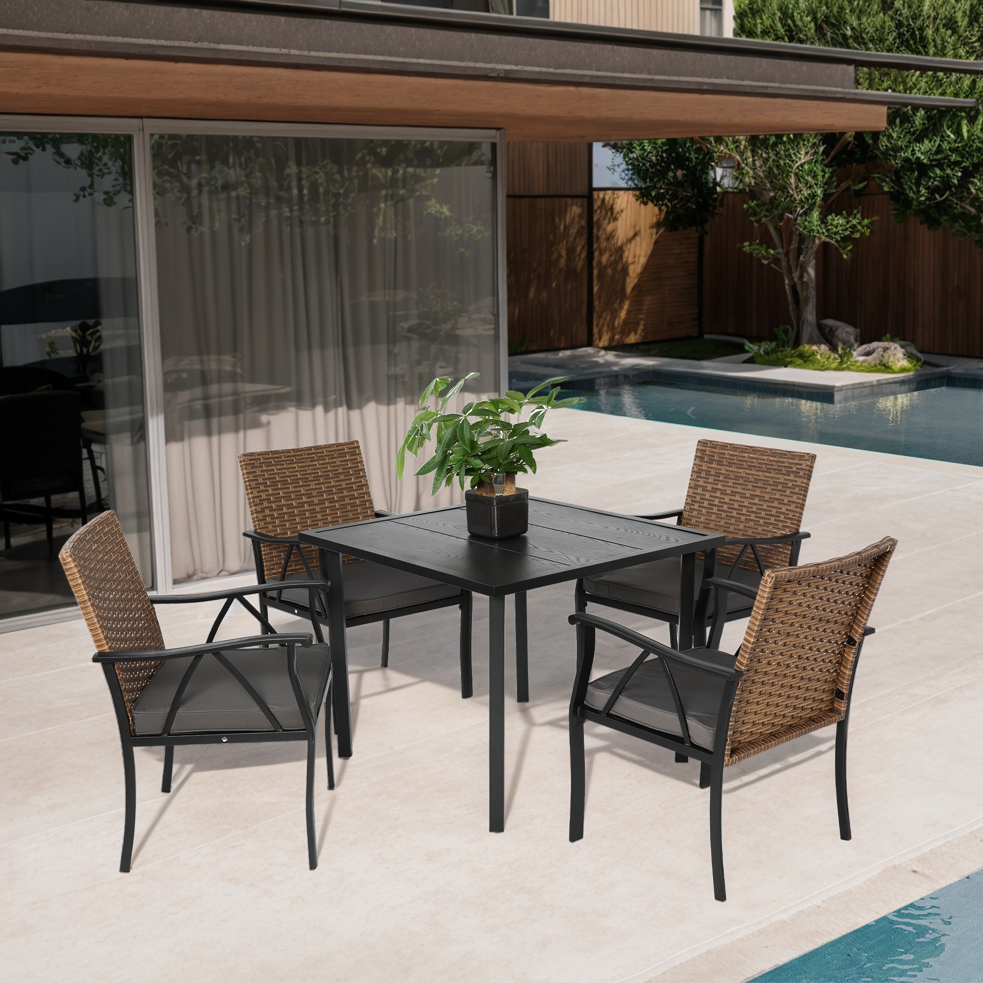 AAZJ JHI-W640S00041 Patio Dining Sets 5 -Piece Black Patio Dining Set Steel Square Table with 4 Black Cushions Stationary Chairs