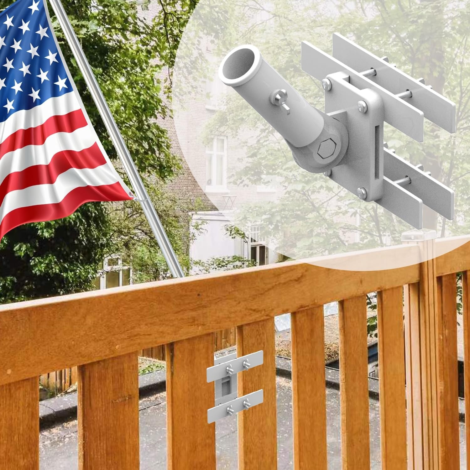 ITOPFOX  No Drill Flagpole Holder White 1 Piece Adjustable Aluminum Mount for Round or Square Balcony Railing Fits Flagpoles Up to 1 Inch