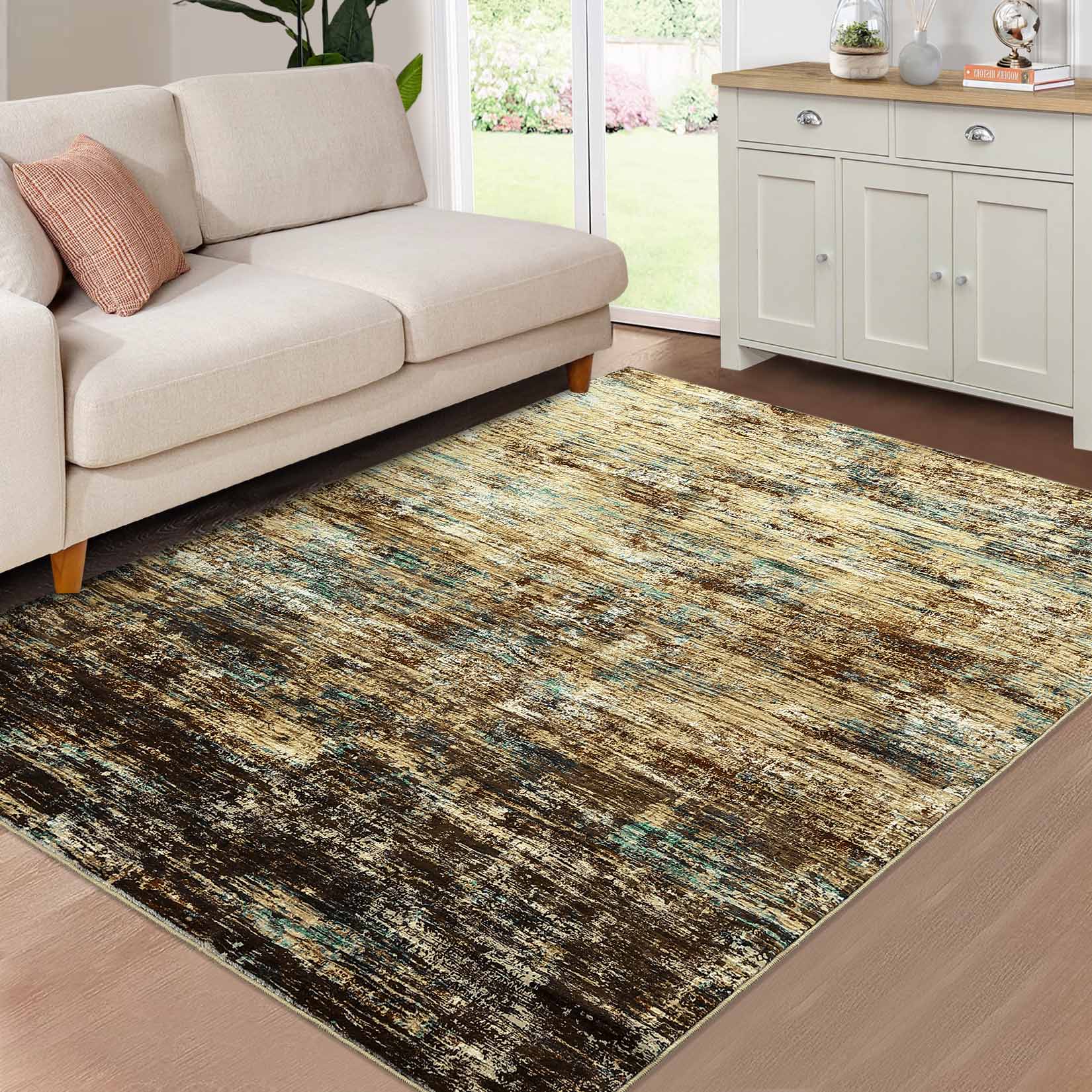 Garvee YXY-LO-PHO-167G7ROL 8 x 10 (ft) Loomed Polyester Brown/Multi Rectangular Indoor Abstract Mid-Century Modern Machine washable Area rug