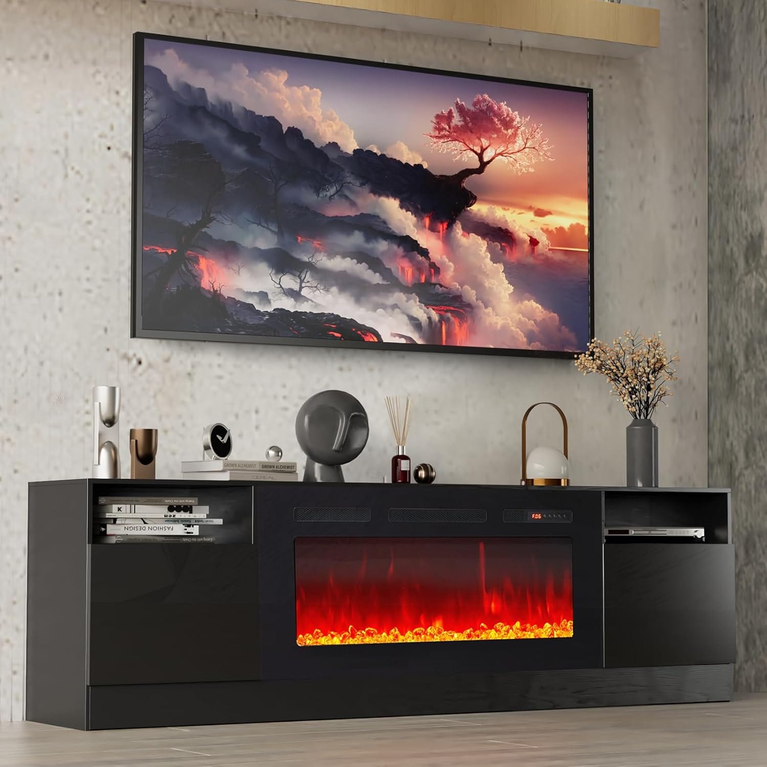 AOXUN 70-in W Black TV Stand with LED Electric Fireplace H21007BK+H20023 Sansujyuku sansujyuku.com