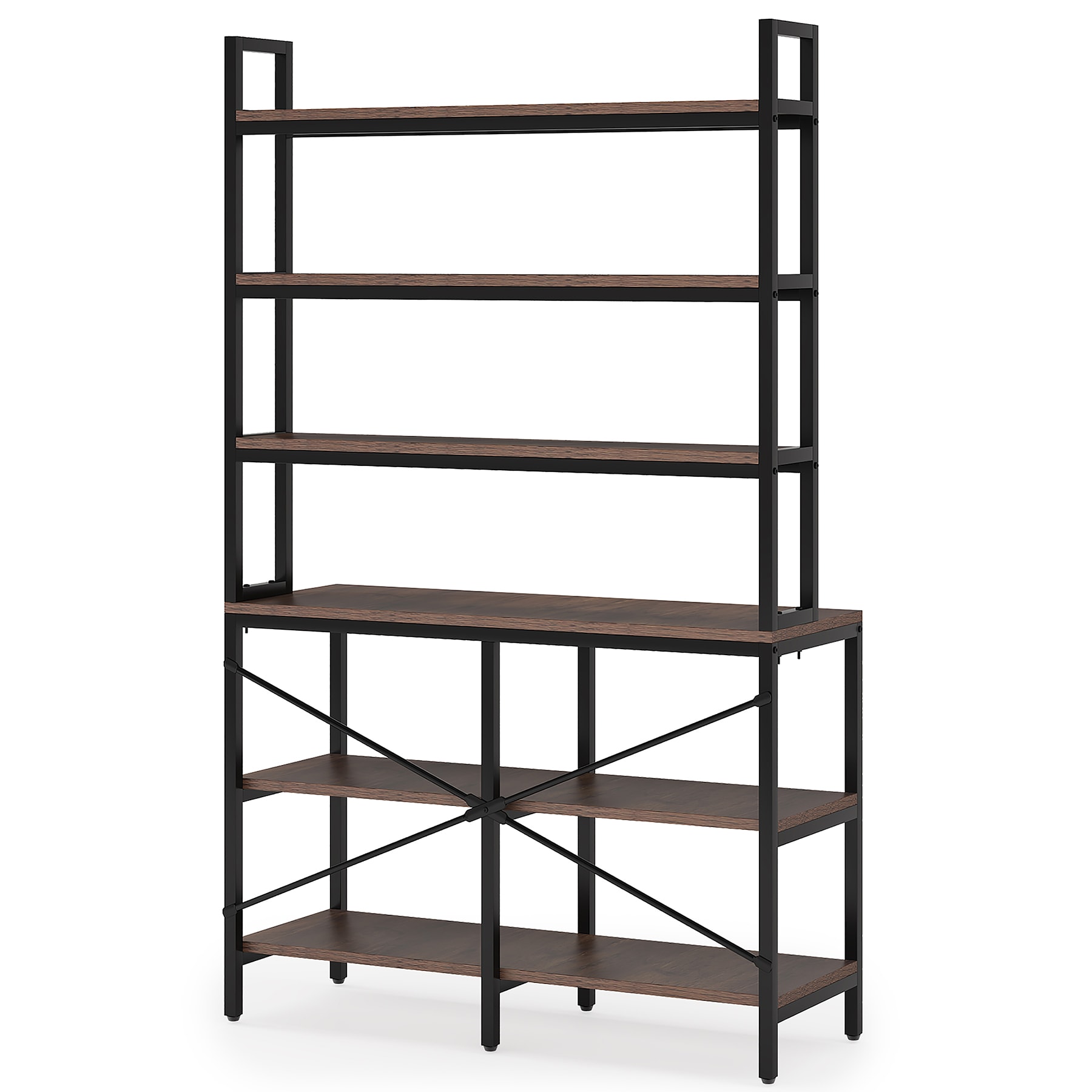 Rustic Brown 6-Tier Industrial Bookshelf with Metal Frame