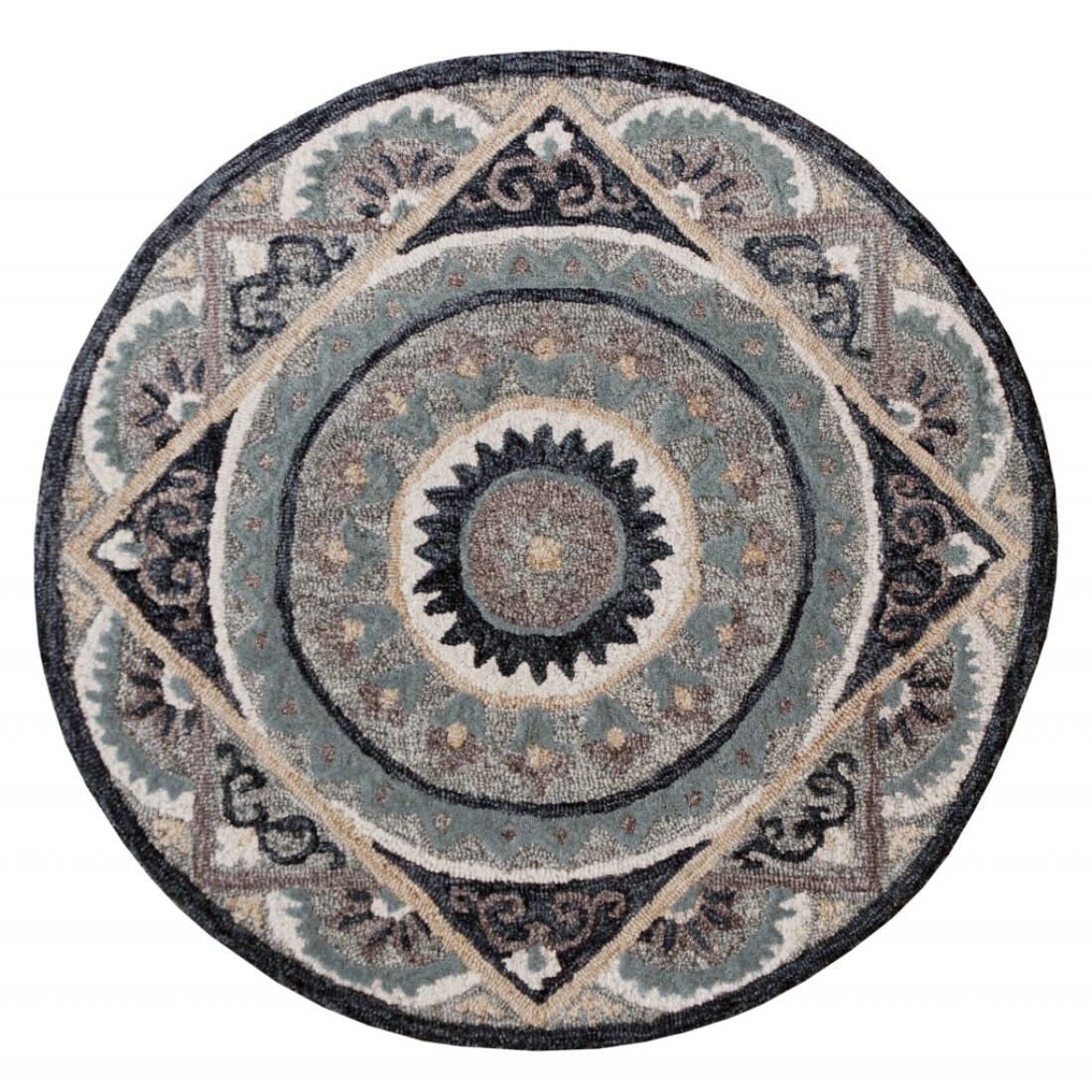 HomeRoots 4000393722 3 x 3 (ft) Wool Gray Cream Blue Round Indoor Area rug