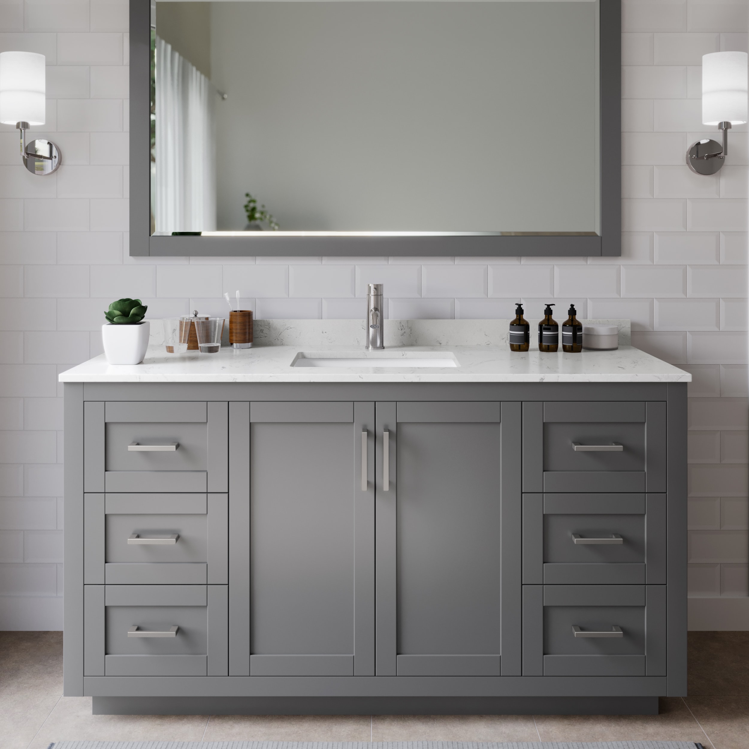 Wyndham Collection WCF292960SKGC2UNSMXX Miranda 60-in Dark Gray with Brushed Nickel Trim Undermount Single sink Bathroom Vanity with Carrara Cultured Marble Cultured marble Top