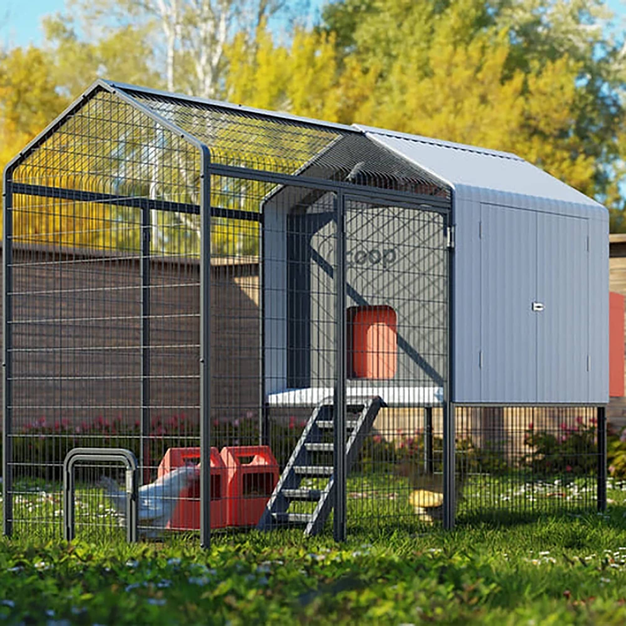 Smart Black and White Steel Chicken Coop with Automatic Door