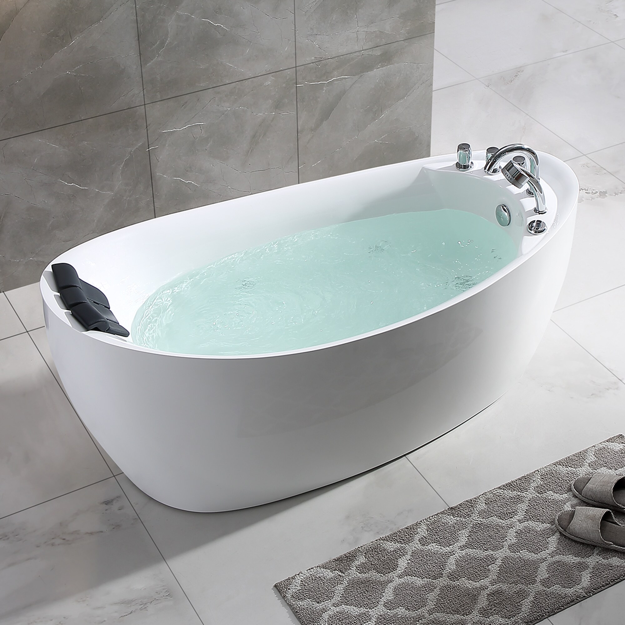 Empava Modern 31.5-in x 67-in White Acrylic Oval Freestanding Whirlpool Tub  with Faucet, Hand Shower and Drain (Center Drain) at