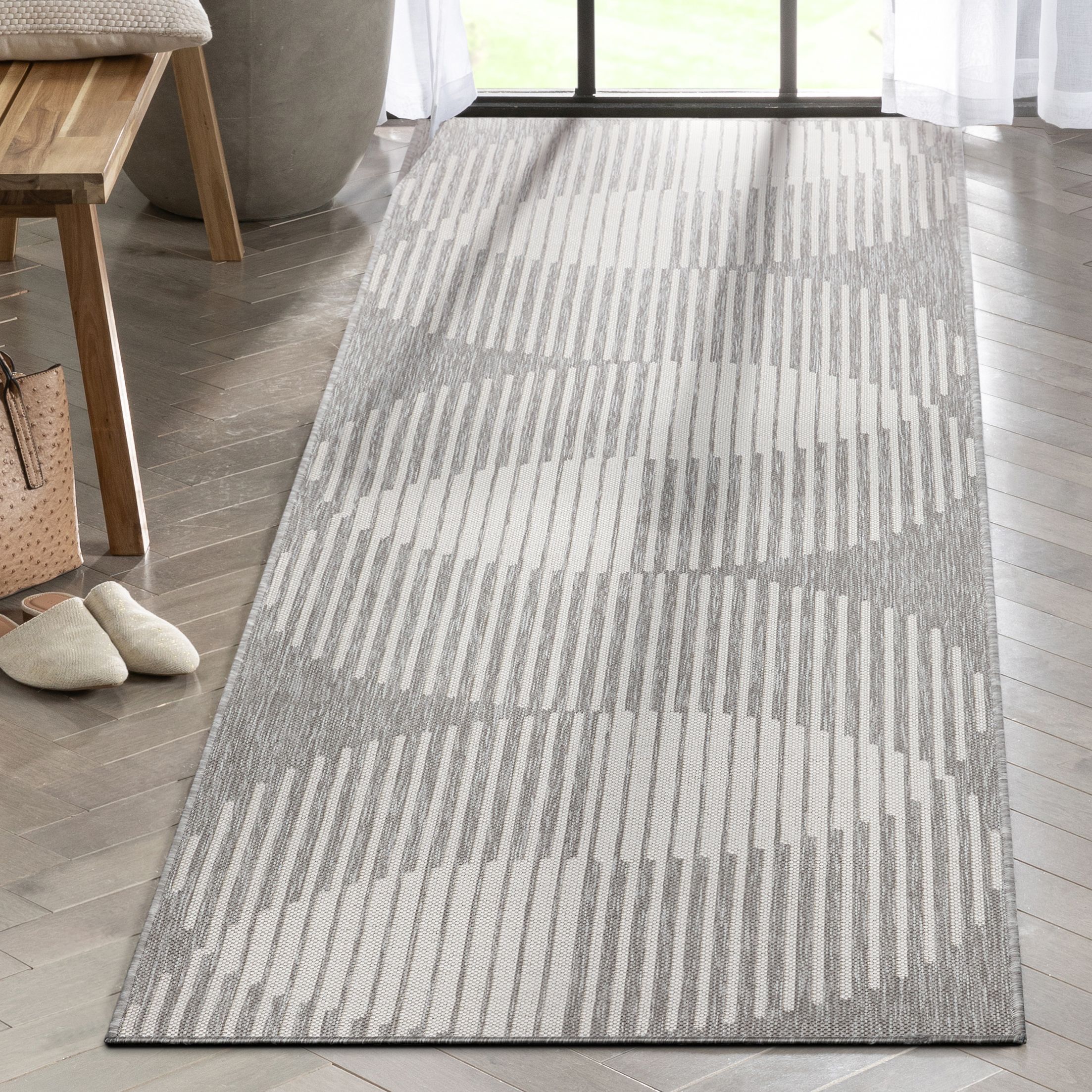 Well Woven MED-172-2L 2 x 9 (ft) Flatweave Polypropylene Ivory Grey Rectangular Indoor/Outdoor Stripe Mid-Century Modern Runner rug