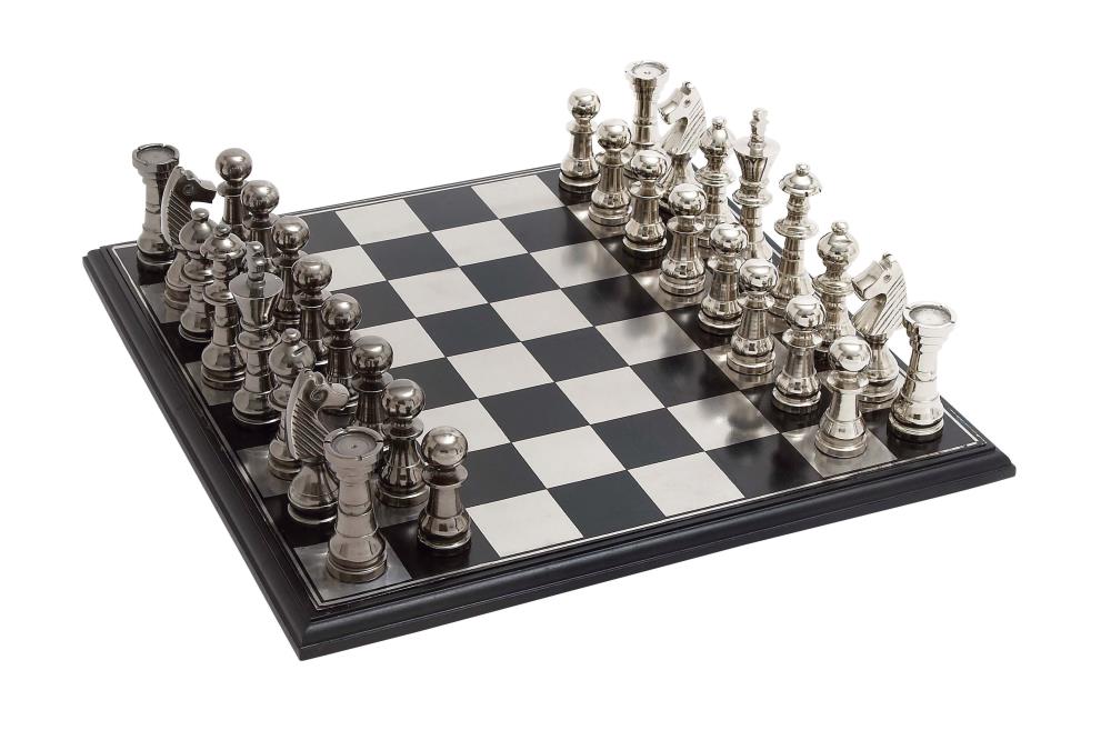 ID 32412 Superior Chess & Checker Board w Brass Corners in Grey & Whit 