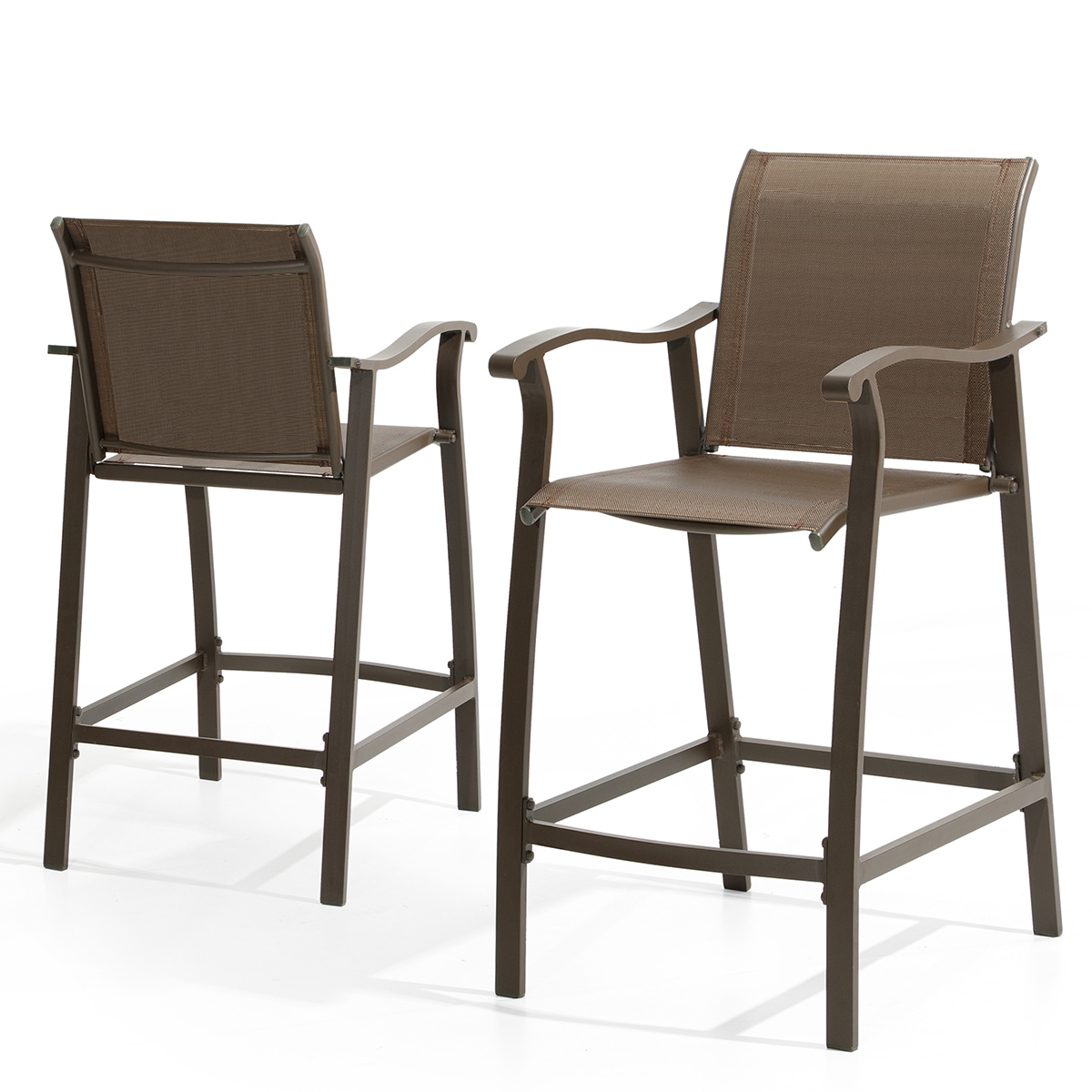 Crestlive Products CL-ST005BRN Patio bar stools Set of 2 Brown Aluminum Frame Stationary Bar Stool Chair with Brown Textilene fabric Sling Seat
