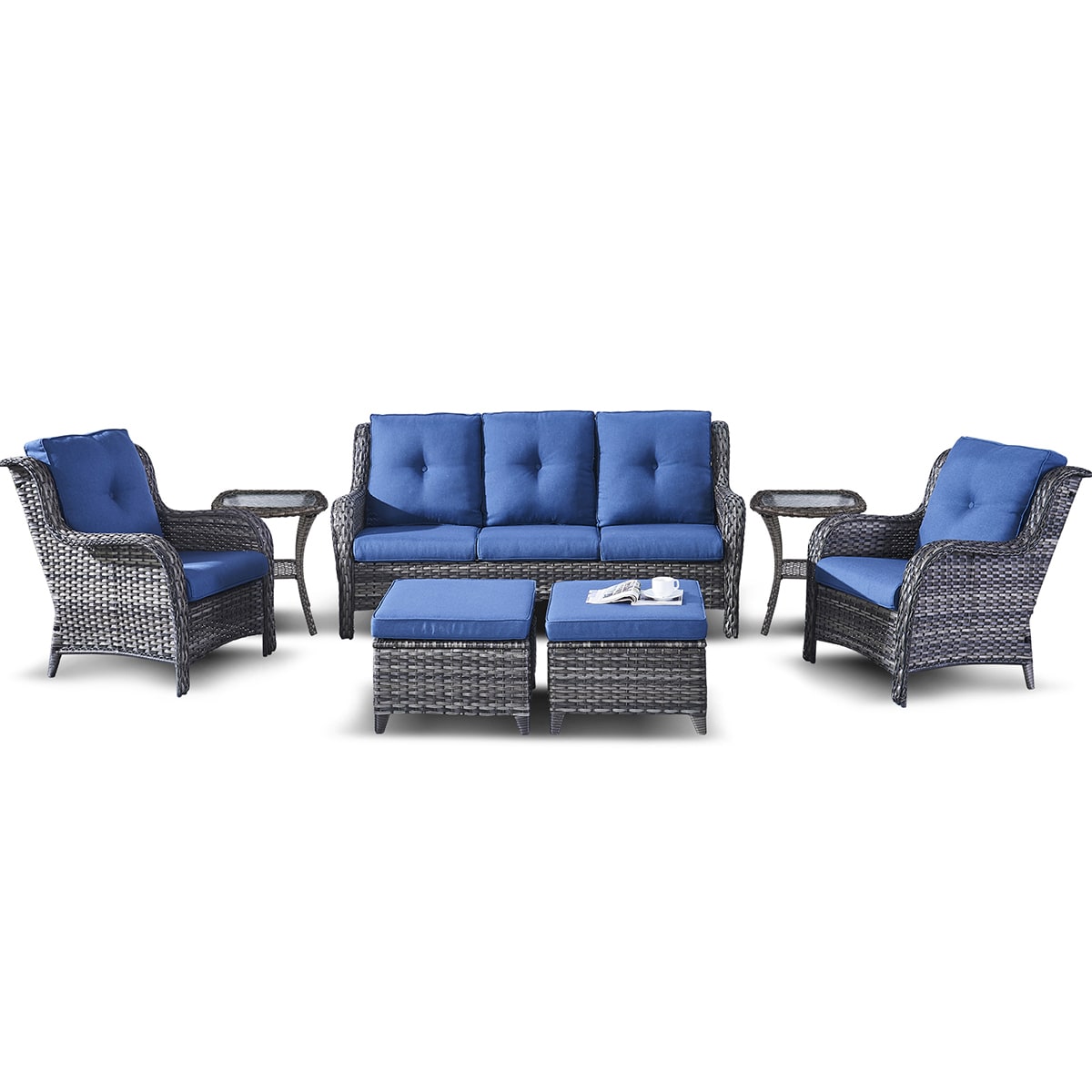 Rilyson FS015026X2017016-1 7 -Piece Wicker Patio Sofa Conversation Set with Blue Cushions