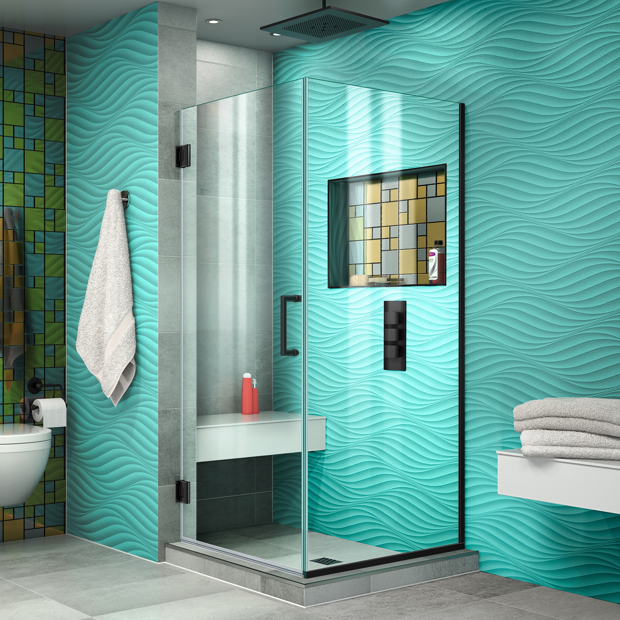 DreamLine SHEN-24300300F-09 Unidoor Plus Matte Black 30-3/8-in W x 72.0-in H Frameless Corner Hinged Shower door 3/8-in Thick Clear Glass