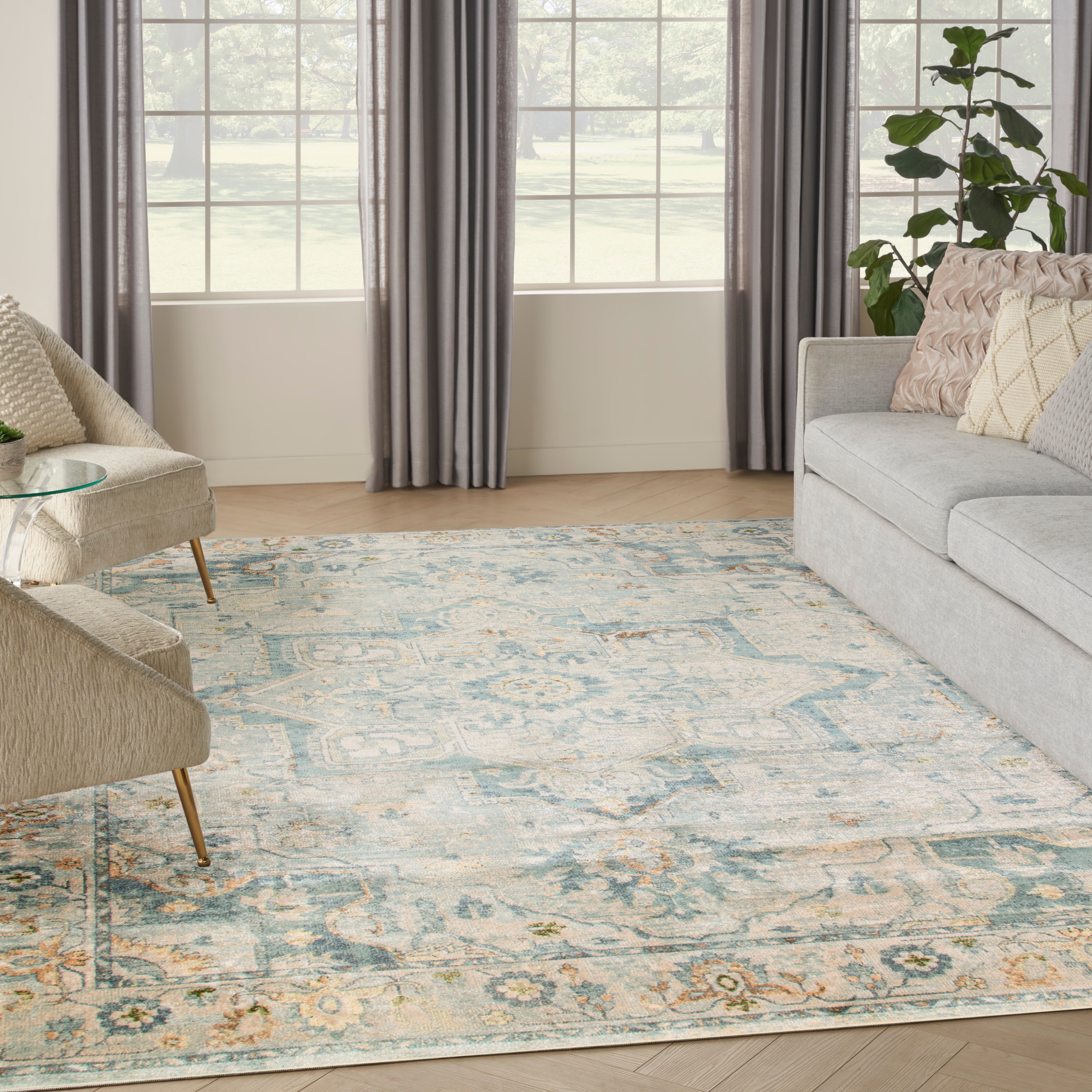 Nourison Home 099446944818 Astra Machine Washable 7 x 9 (ft) Loomed Polyester Light Blue Rectangular Indoor Medallion Vintage Machine washable Area rug