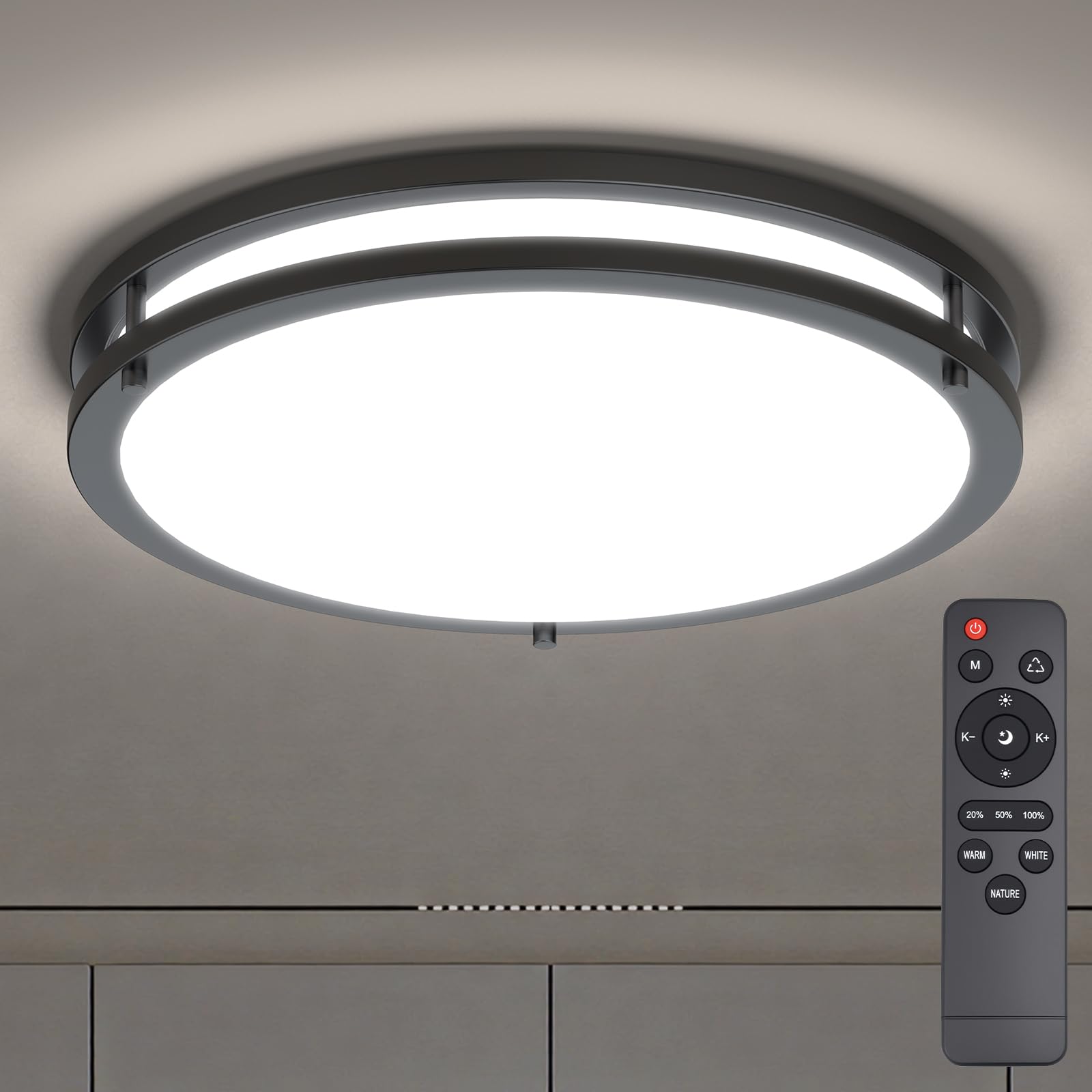 Ahfiwaso  LED Ceiling Light with Remote 10 Inch Flush Mount Fixture 18W Dimmable Adjustable Color Temperature 3000K to 6000K for Kitchen Bedroom