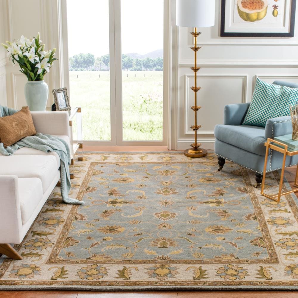 Light Blue and Beige Hand-Tufted Wool Area Rug 4' x 6'