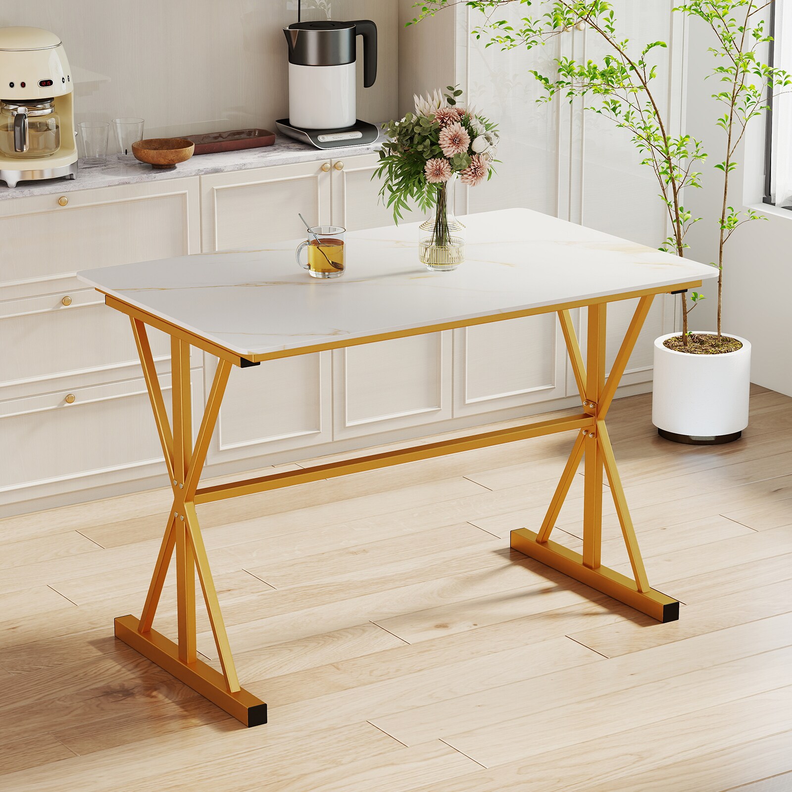 Volenca Seats 4 Rectangular Sintered Stone Dining Table with Gold X ...