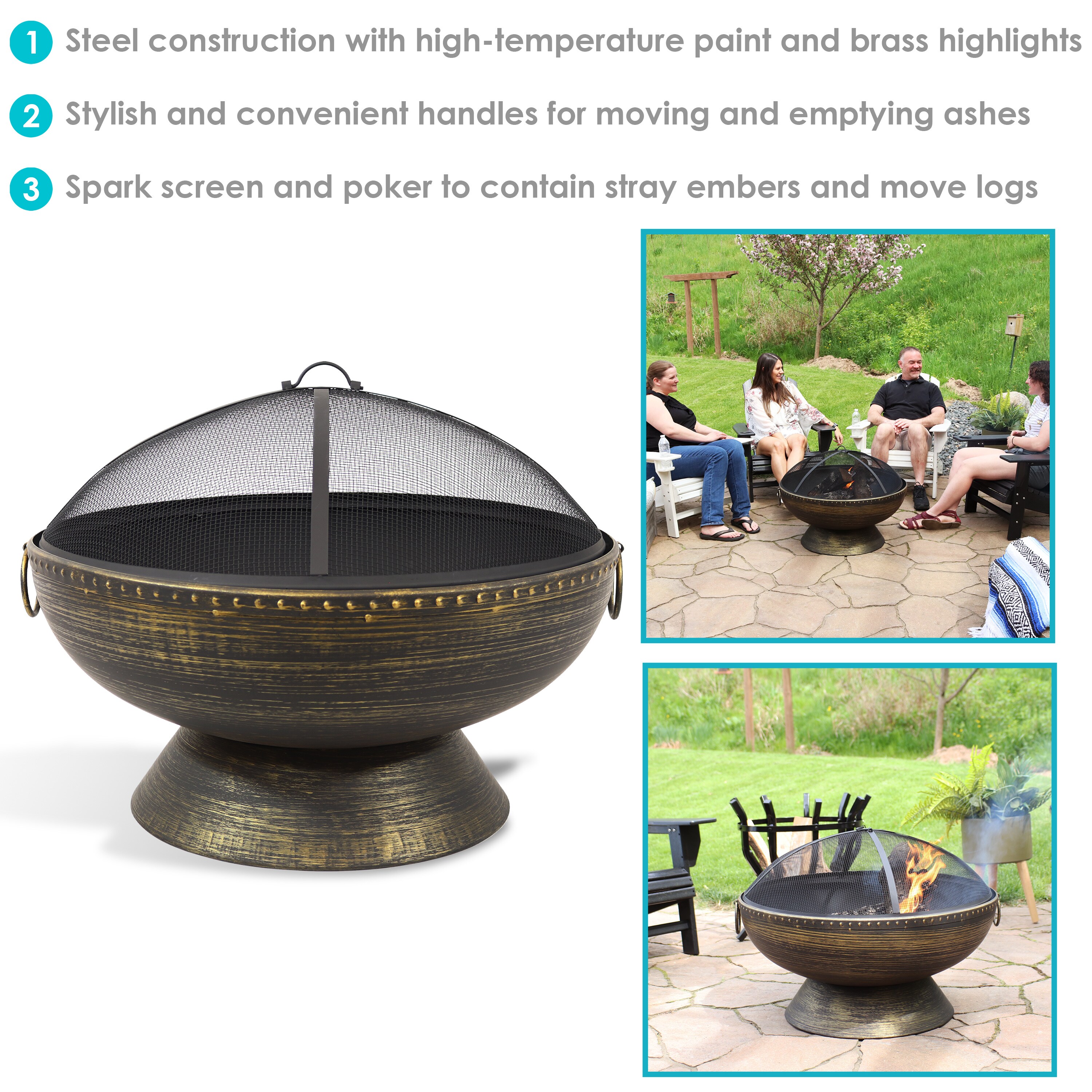 30" Black and Bronze Steel Wood-Burning Fire Pit with Screen and Poker