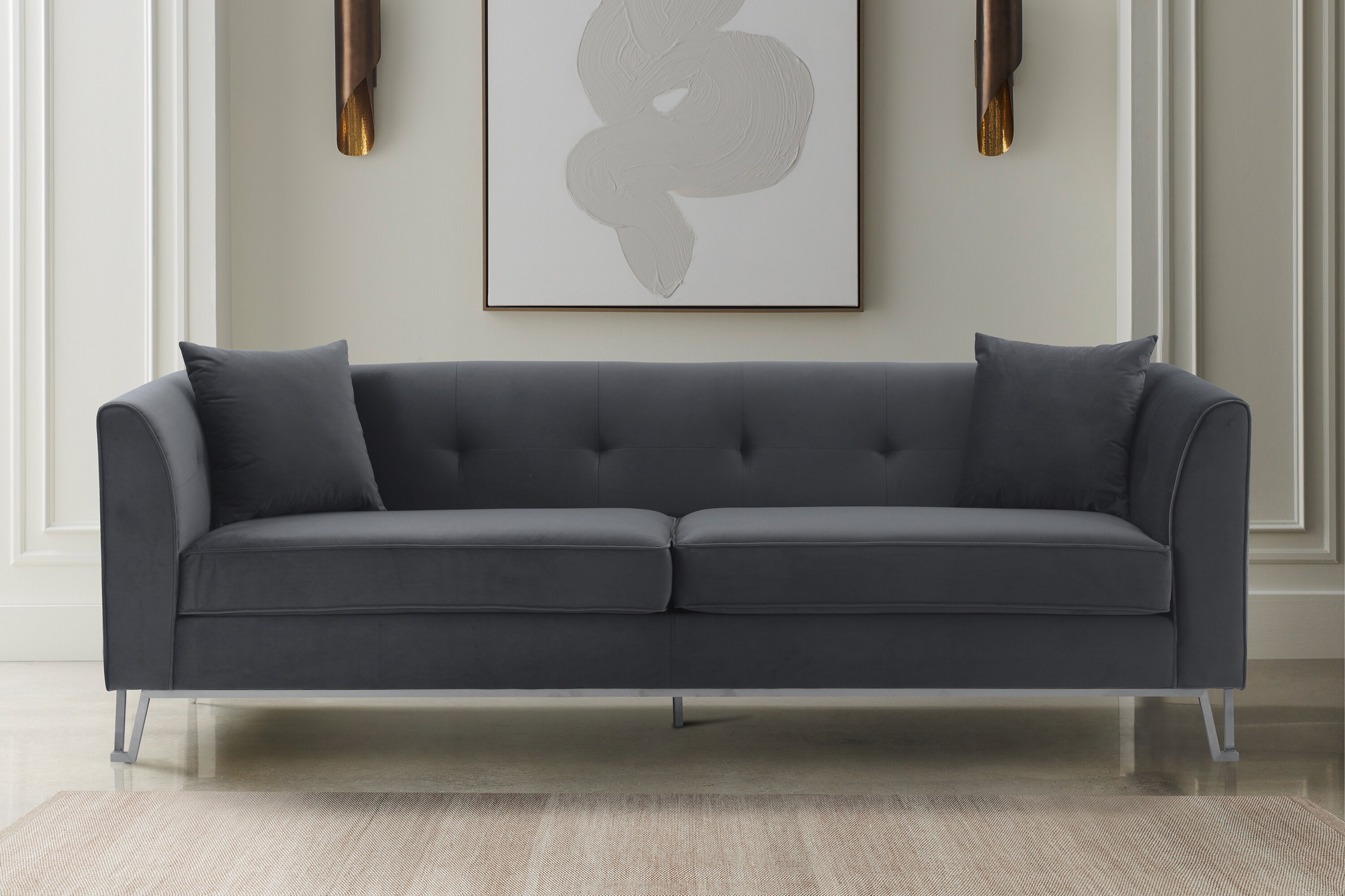 Elegant 90" Gray Leather Tufted Sofa with Wooden Accents