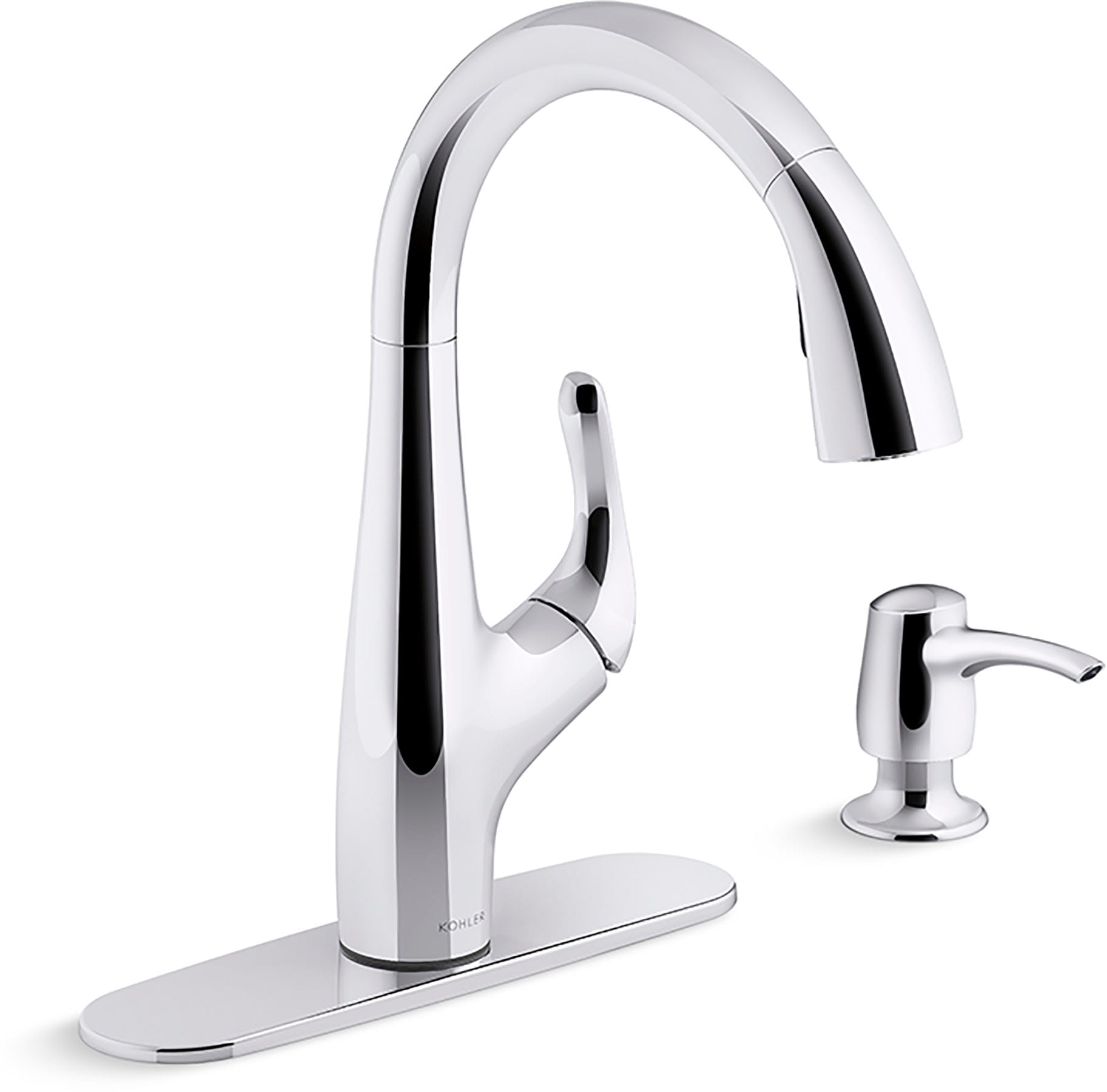 KOHLER Alle Polished Chrome Single Handle High-arc Kitchen Faucet with Deck  Plate and Soap Dispenser Included in the Kitchen Faucets department at 