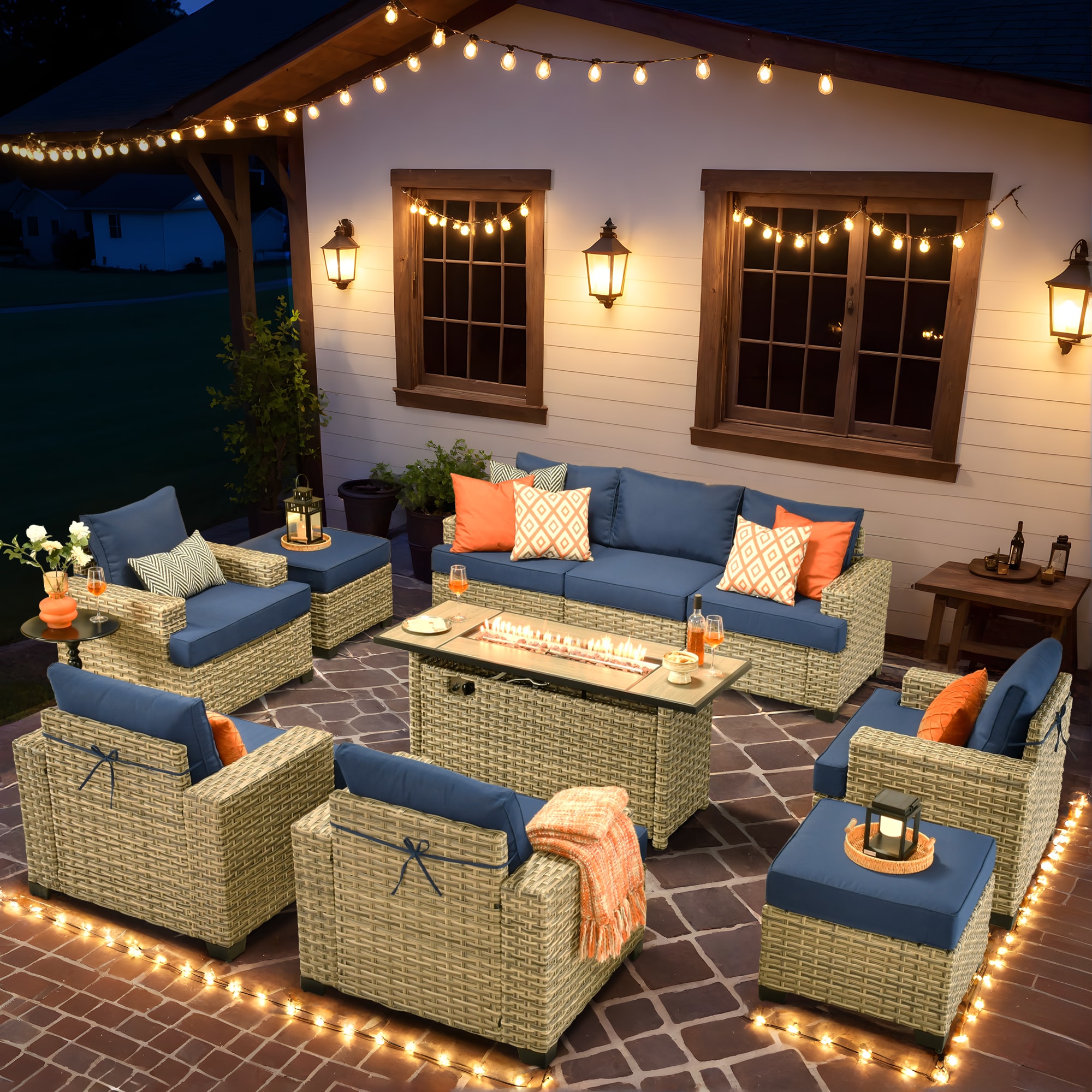 Ovios RFP504-TS709 10 -Piece Rattan Patio Sofa Conversation Set with Navy Cushions