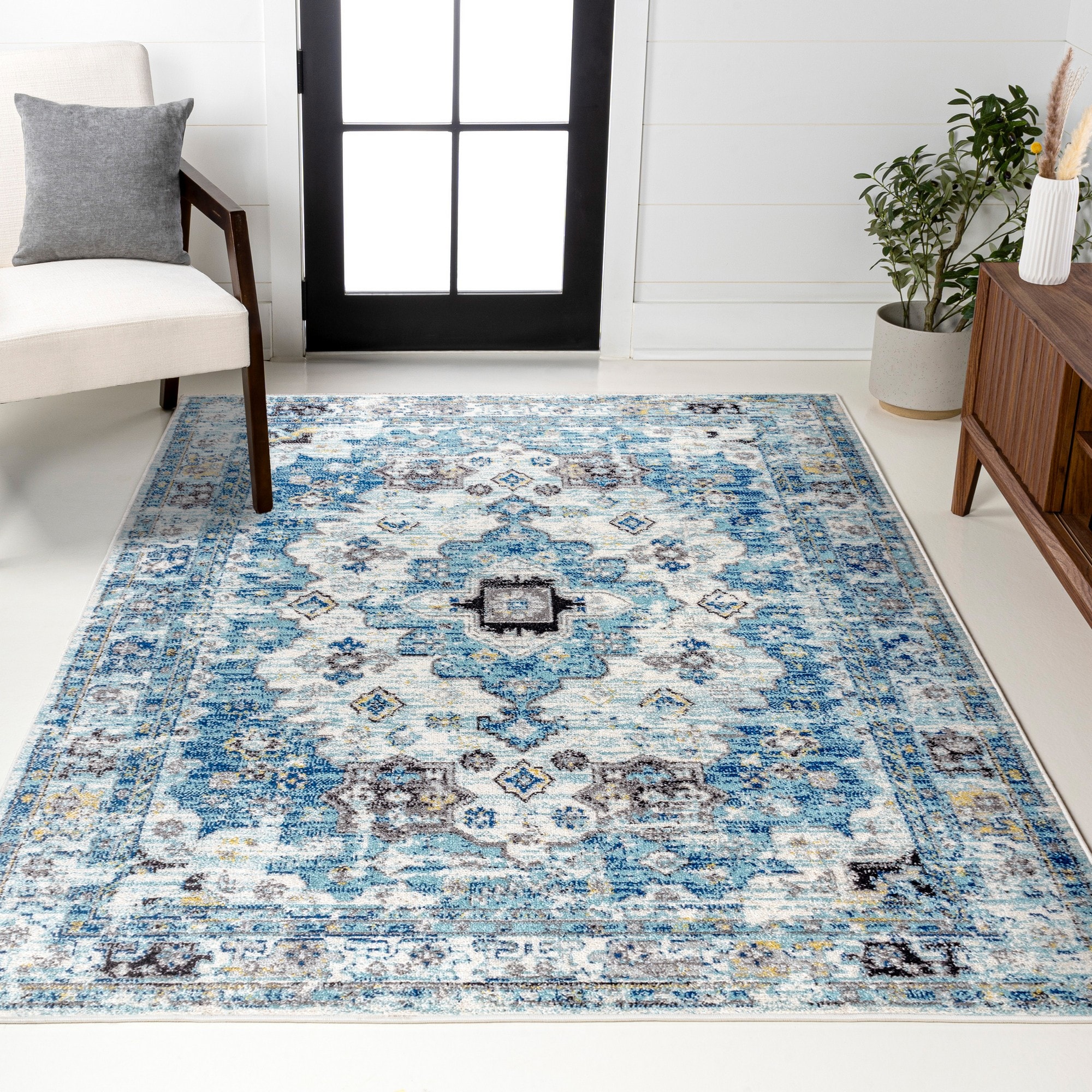JONATHAN  Y MDP202A-5 MODERN PERSIAN Boho Vintage 5 x 8 (ft) Loomed Cream/Blue Rectangular Indoor Medallion Persian Pet Friendly Area rug
