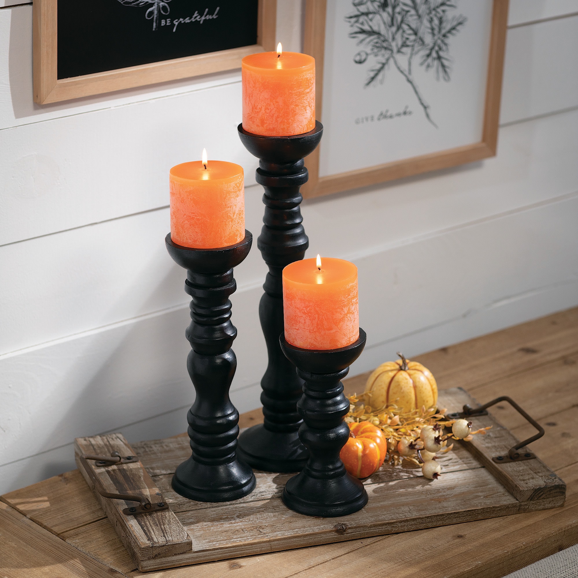 Curvaceous Black Mango Wood Candlestick Trio, 16.5" Height