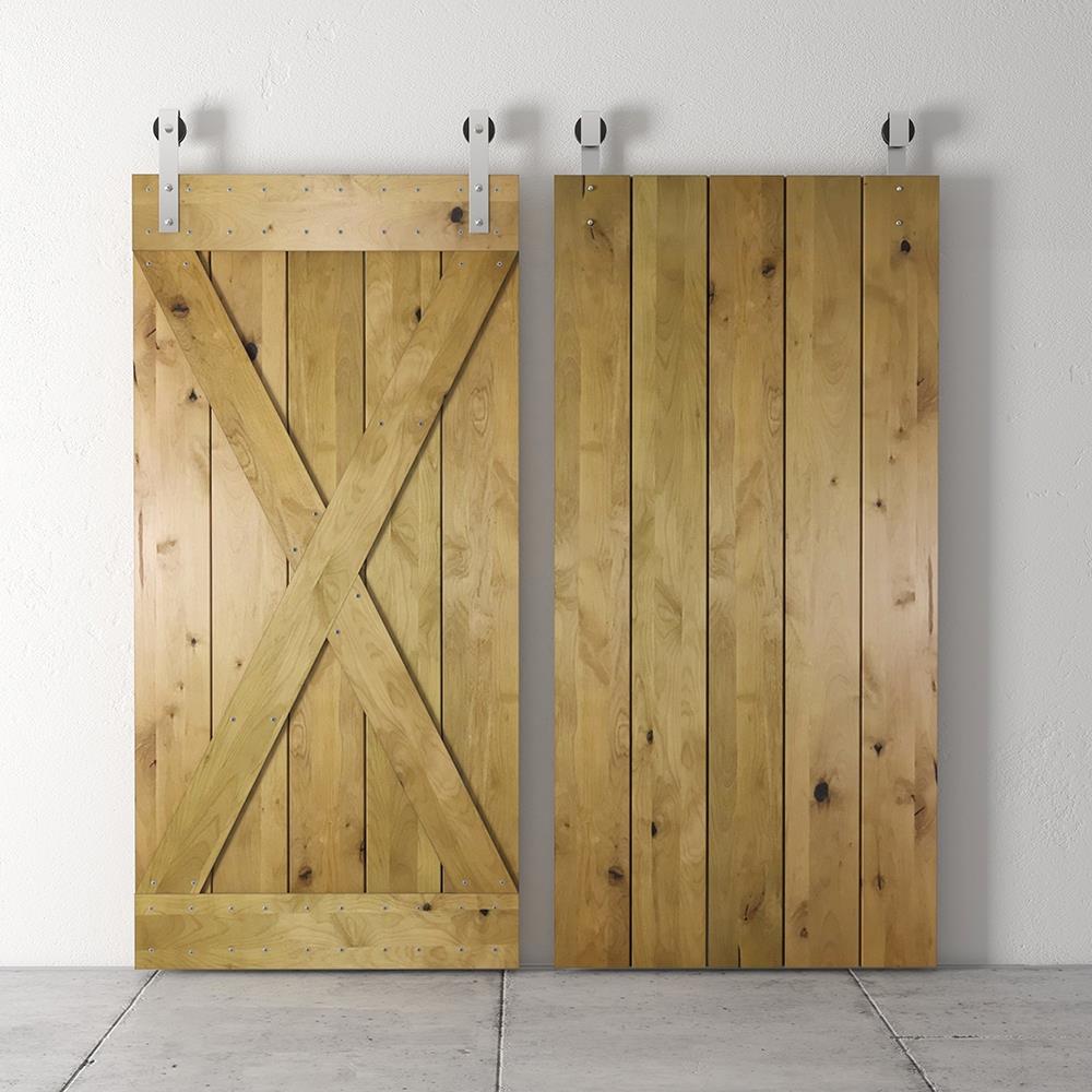 Urban Woodcraft 40-in x 83-in Kotty Alder Wood Crossbuck Prefinished Knotty Alder Wood Single Barn Door (Hardware Included)